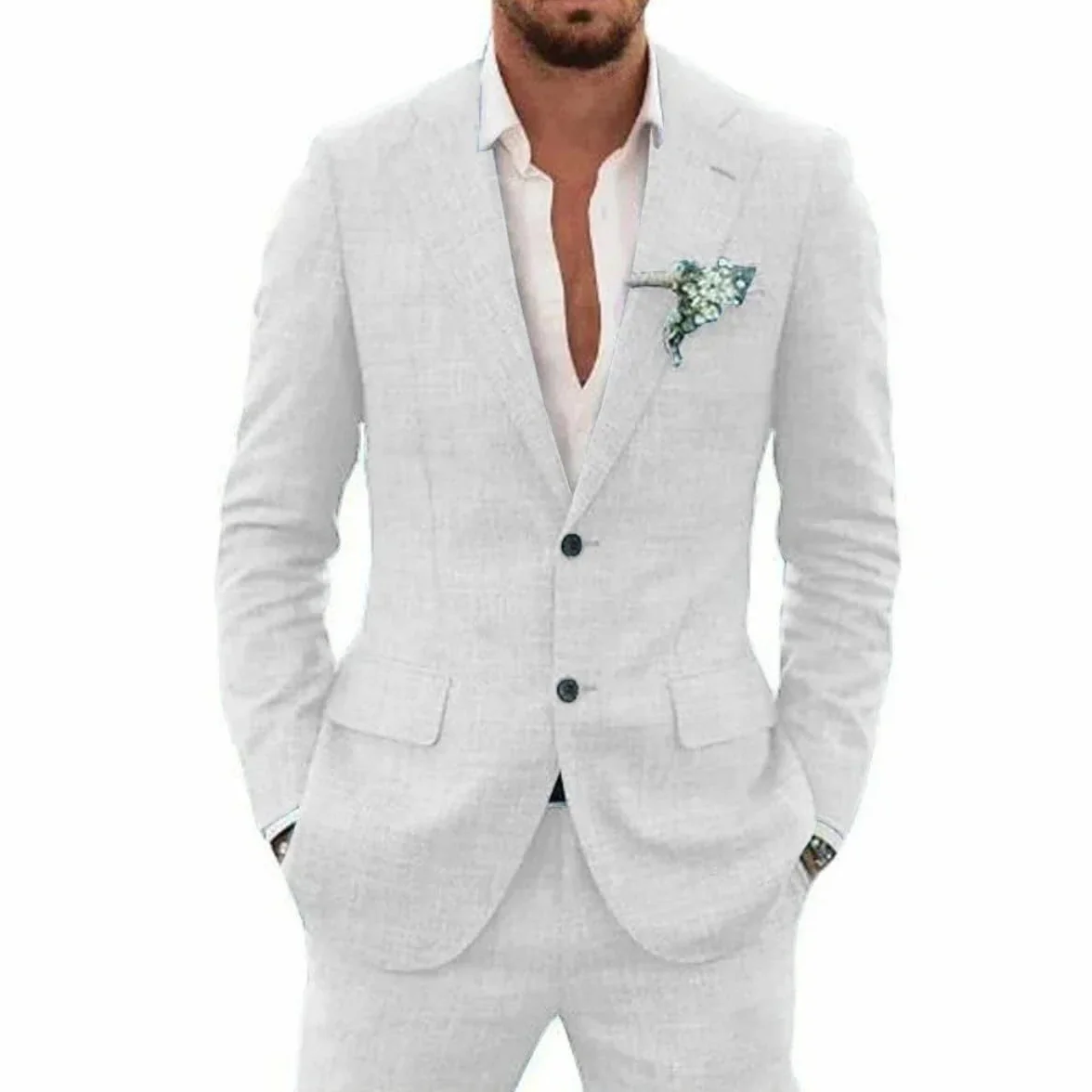 Traje de lino 2 piezas hombre ajustado verano boda novio chaqueta esmoquin pantalones