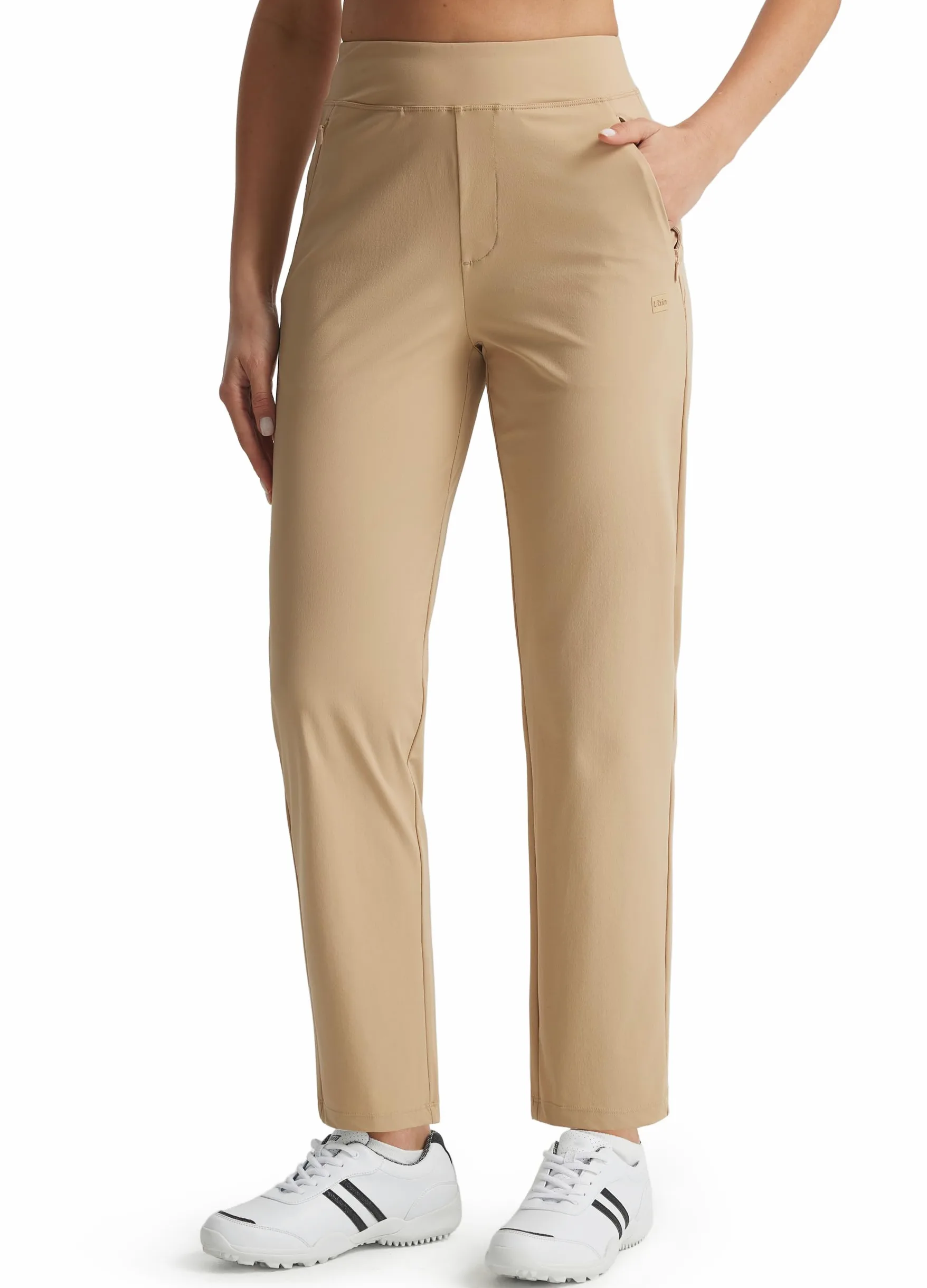 Libin Pantalones de golf para mujer, elásticos, de viaje, de cintura alta, bolsillos con cremallera, pierna recta, suaves, ligeros