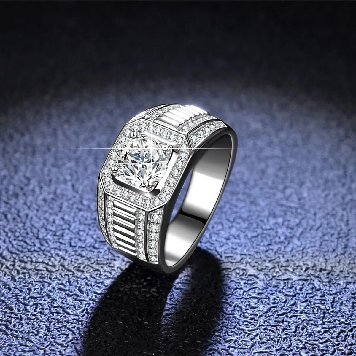 Anillo para hombre de plata ancha, anillos para hombre punk redondo con moissanite de 1 quilates de plata de 18 quilates y oro blanco, talla 53 (16,9)