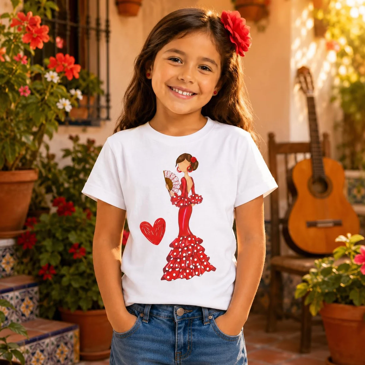 Camiseta Flamenca 100% algodón orgánico de Manga Corta para niña