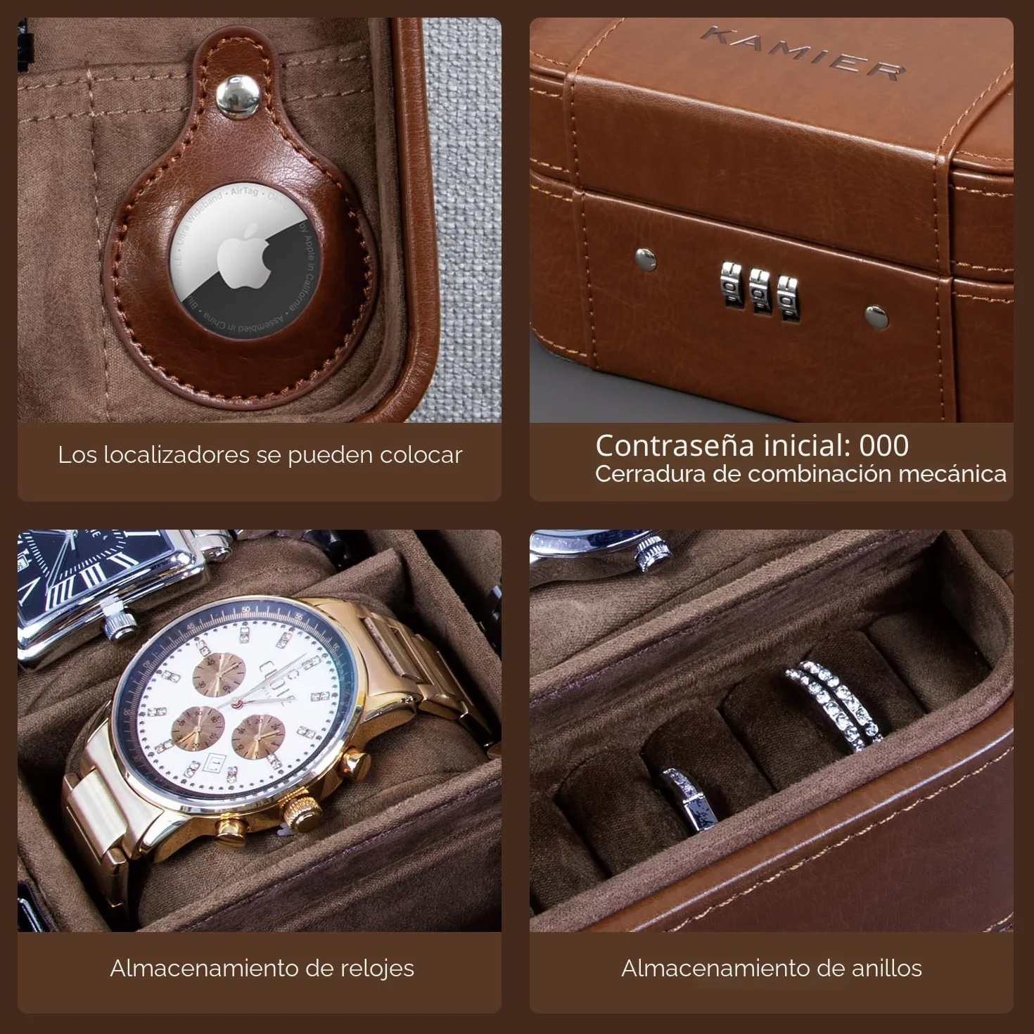 KAMIER Caja de reloj con cerradura de combinación, almacenamiento de 4 relojes y organizador de joyas, estuche de viaje para almacenamiento de anillos y relojes, funda de reloj de viaje de piel