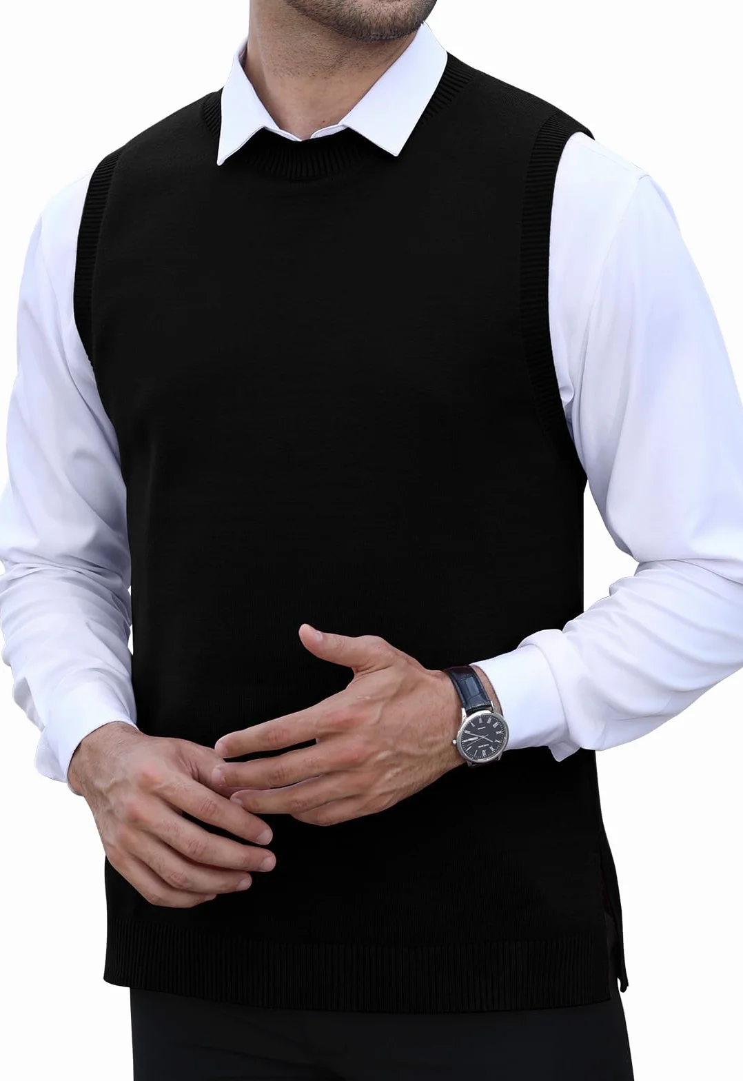 KUYIGO Chaleco sin mangas clásico para hombre, cuello redondo, tejido de punto, cárdigan, camiseta sin mangas