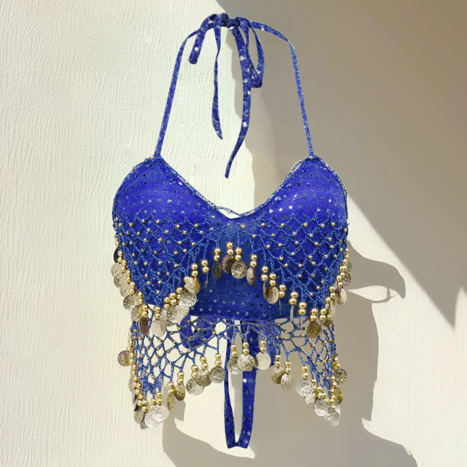 Sujetador de danza del vientre para mujer con cuentas de lentejuelas top corto sin tirantes