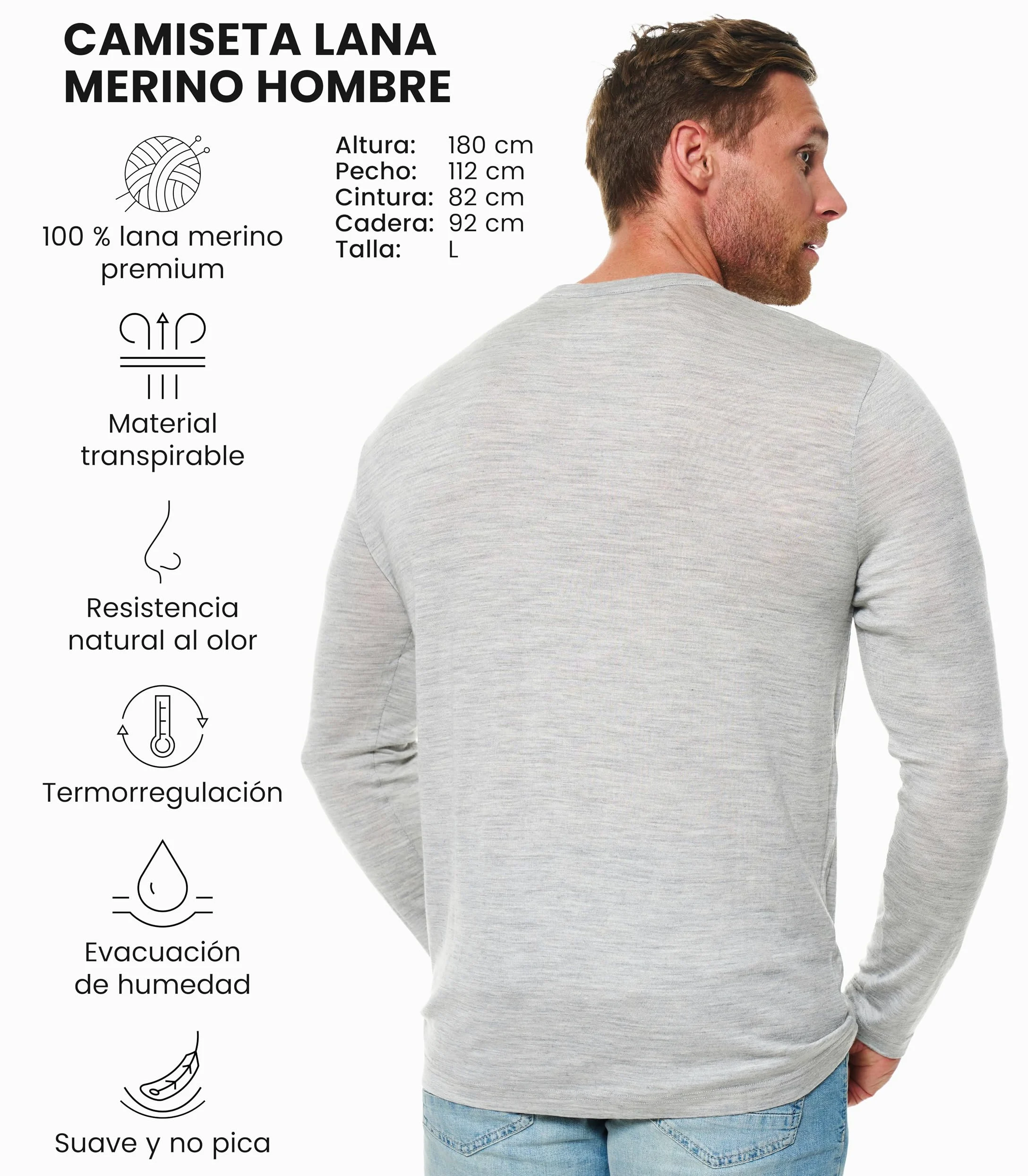 Merino.tech Camiseta Manga Larga Lana Merino Hombre - 100% Lana Merino | Cuello redondo o en V, no pica, ideal para casual u oficina, antiolores, transpirable