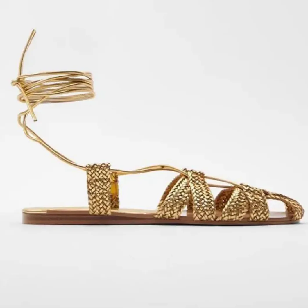 Sandalias bohemias con cordones para mujer, con correa de tobillo, tacón plano, con abertura lateral, tejidas, para vacaciones, informales, de verano