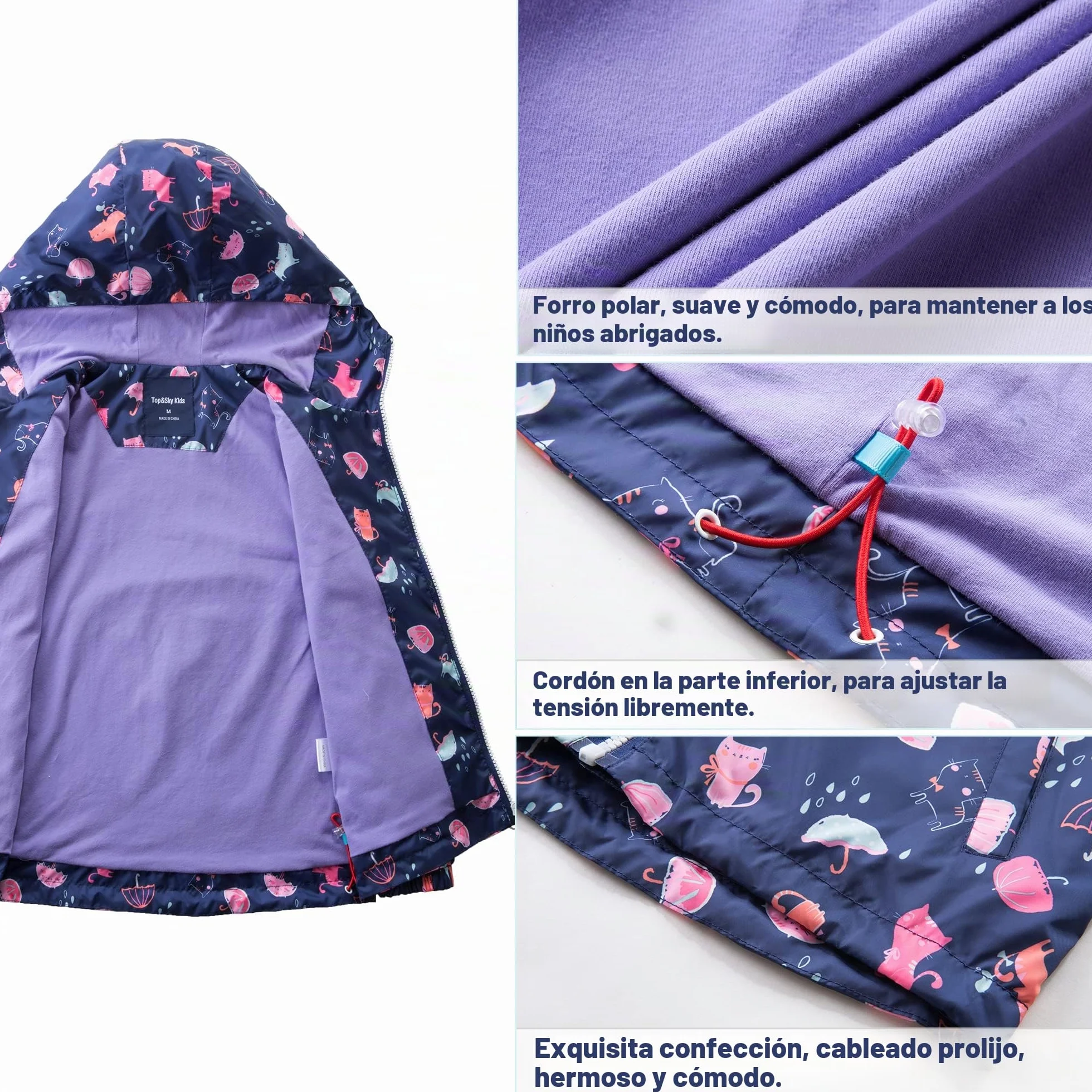 Fewlby Chaqueta Impermeable con Capucha para Niña, Cortavientos con Forro Polar Ligera Abrigo Prueba de Viento Chubasquero Primavera Otoño Abrigos Deportivos 3-12 Años