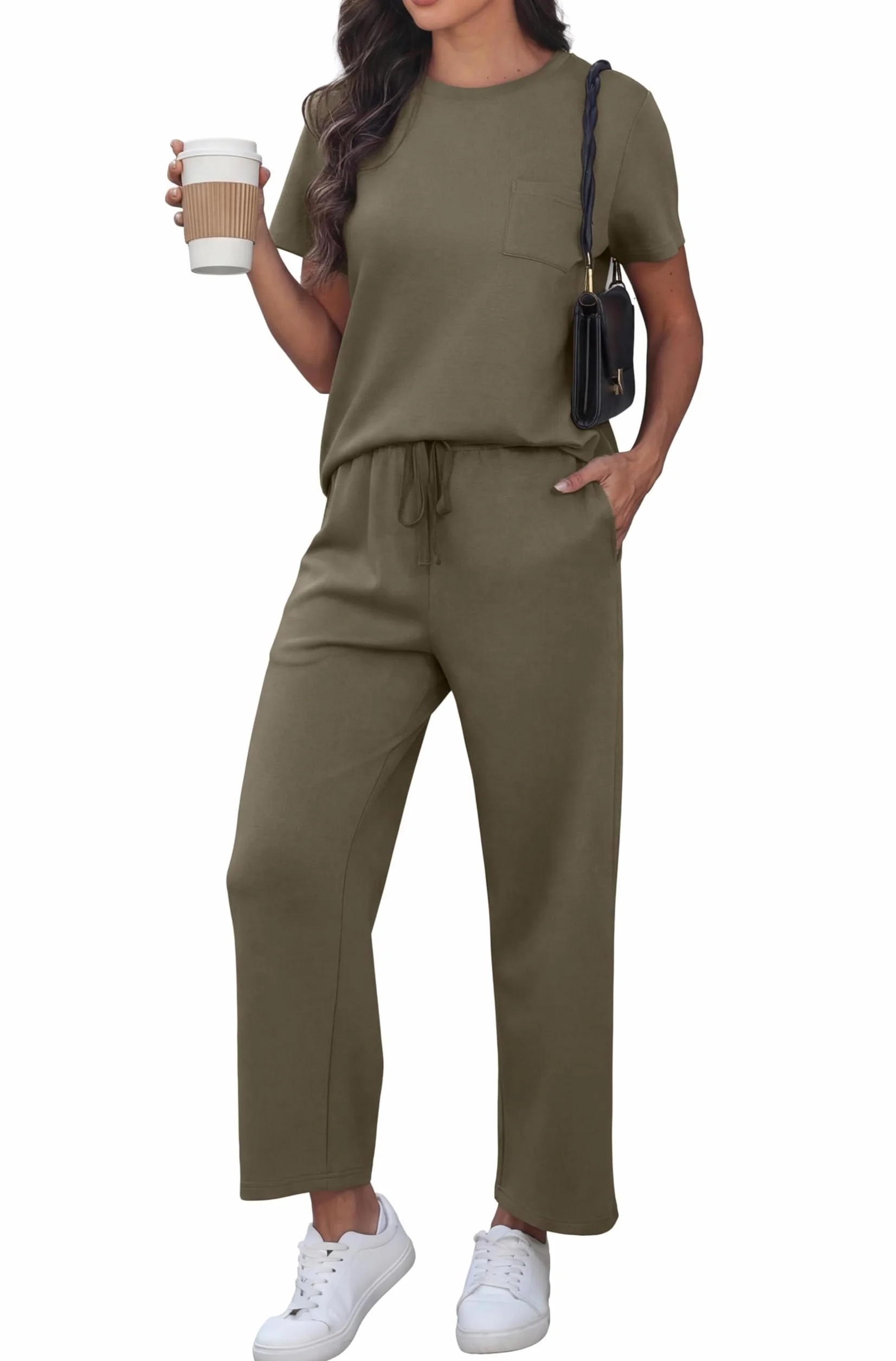 GRECERELLE Conjunto de dos piezas de viaje para mujer, de manga corta, casual, cuello redondo, conjunto completo de camisetas de manga casquillo y pantalones de correr con bolsillos