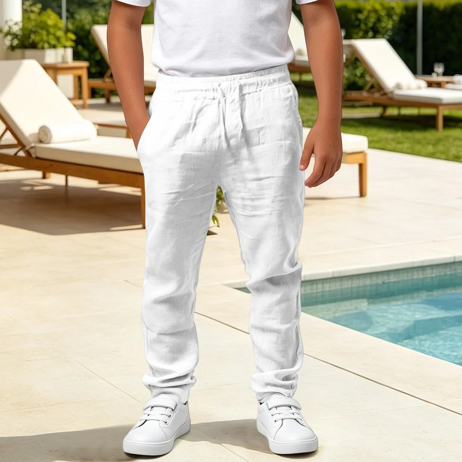 Pantalones de Lino para Niños Algodón y Lino Cintura Elástica Pantalón Chino Largo Sueltos Bolsillos Transpirable Jogging Pants Ropa Adolescentes 4-14 Años