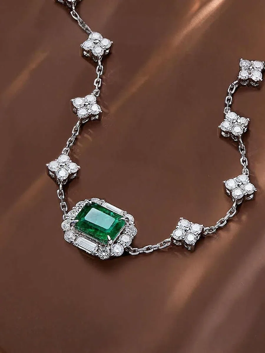 Pulsera de Oro Blanco Mujer 9K / 14K / 18K, Rectángulo con Esmeralda Creada de 0,63 ct y Moissanita de 1,3 ct, Cadena Extensible 16 CM + 5 CM, Pulseras de Mujer Ajustable de Plata Verde