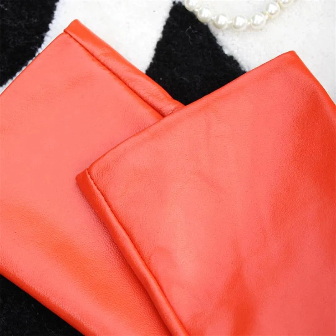 Guantes largos de piel auténtica naranja para mujer, de piel de oveja, por encima del codo, talla personalizada, cálidos, estilo ópera de invierno