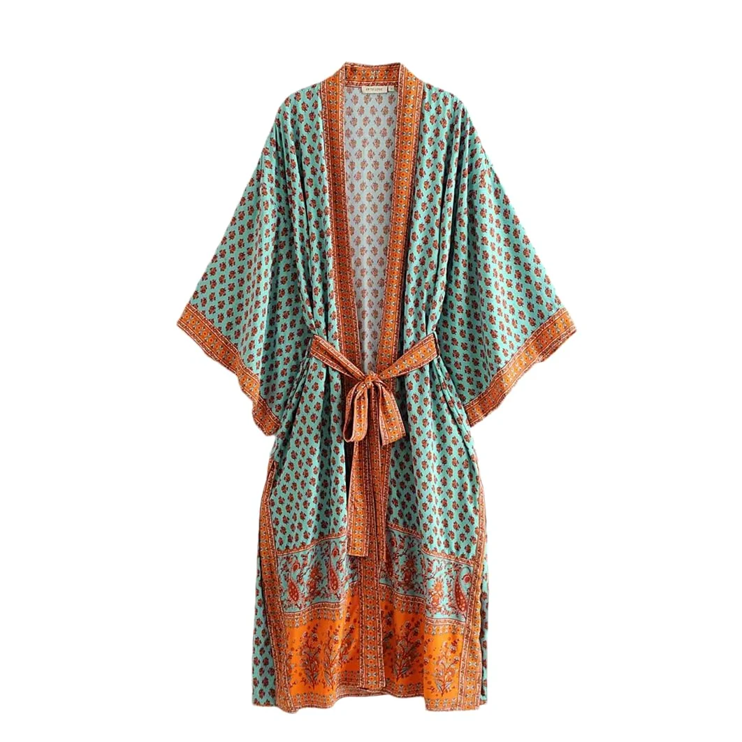 Disimlarl Kimono estampado para mujer, estilo bohemio, cuello en V, mangas murciélago, bata larga para playa, salida de baño