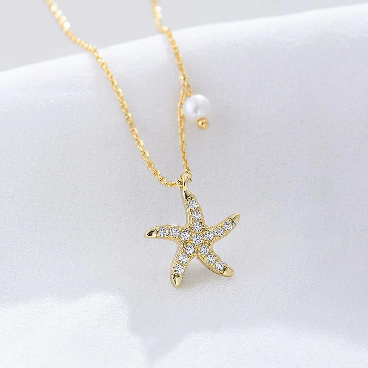 Collar con colgante de moissanita para mujer, oro amarillo de 9 quilates, 14 quilates, 18 quilates, 12,3 mm, con colgante de estrella de mar y perla, cadena Rolo: 40 + 5 cm