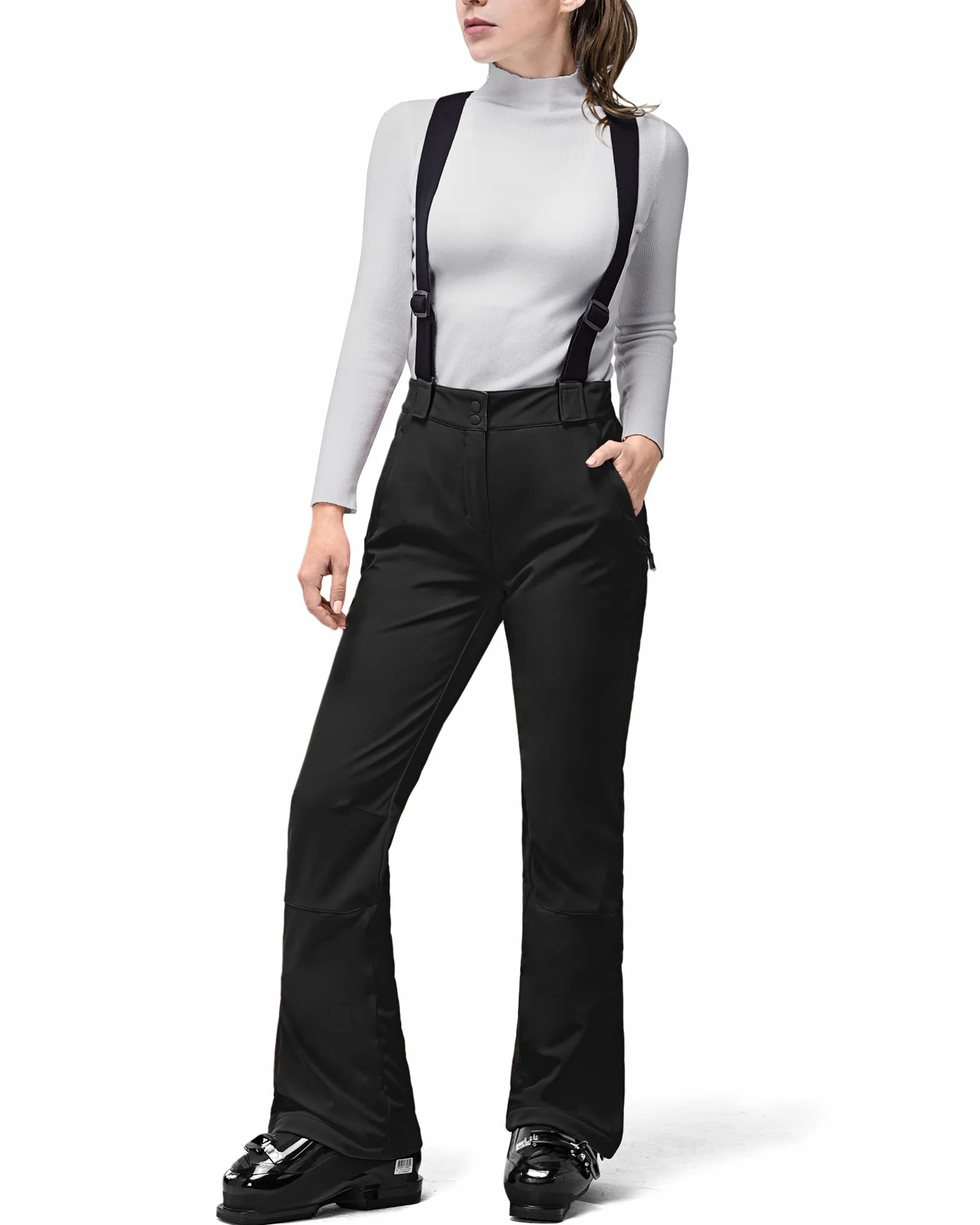 33,000ft Pantalones de esquí para mujer, pantalones con tirantes, impermeables, resistentes al viento, de softshell, cálidos, forrados, para nieve, snowboard, esquí o senderismo, Negro , L