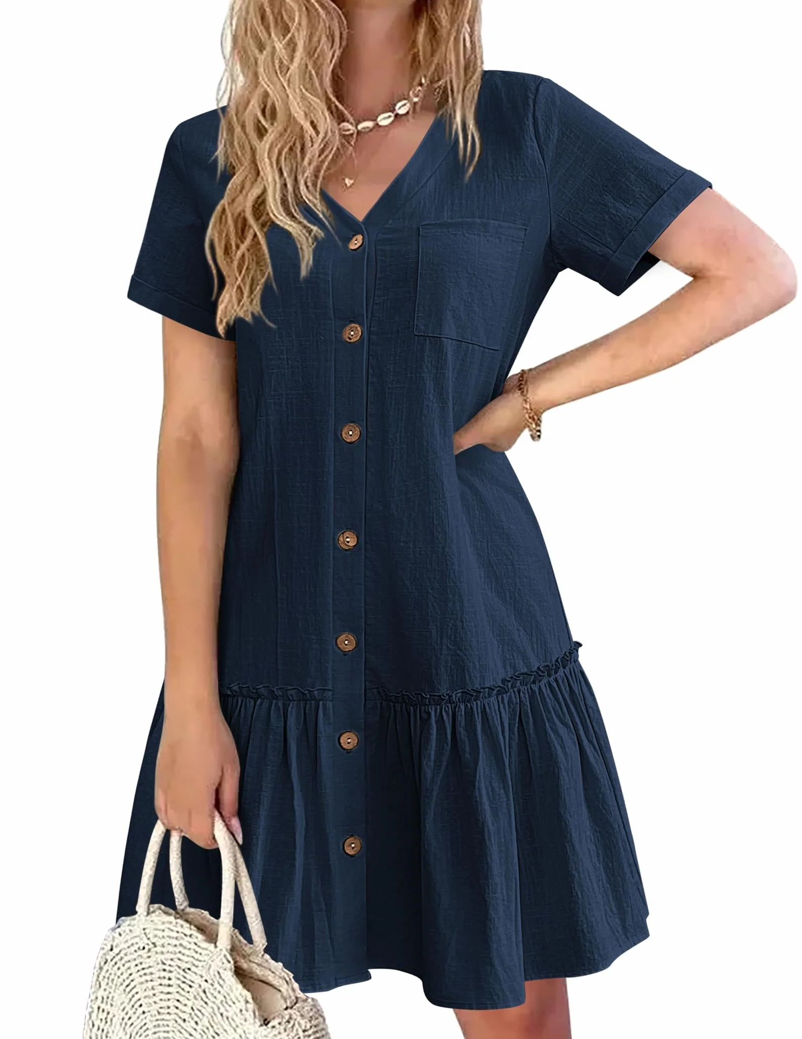 Hotouch Vestido de Lino Mujer Manga Corta Escote V Botones Verano