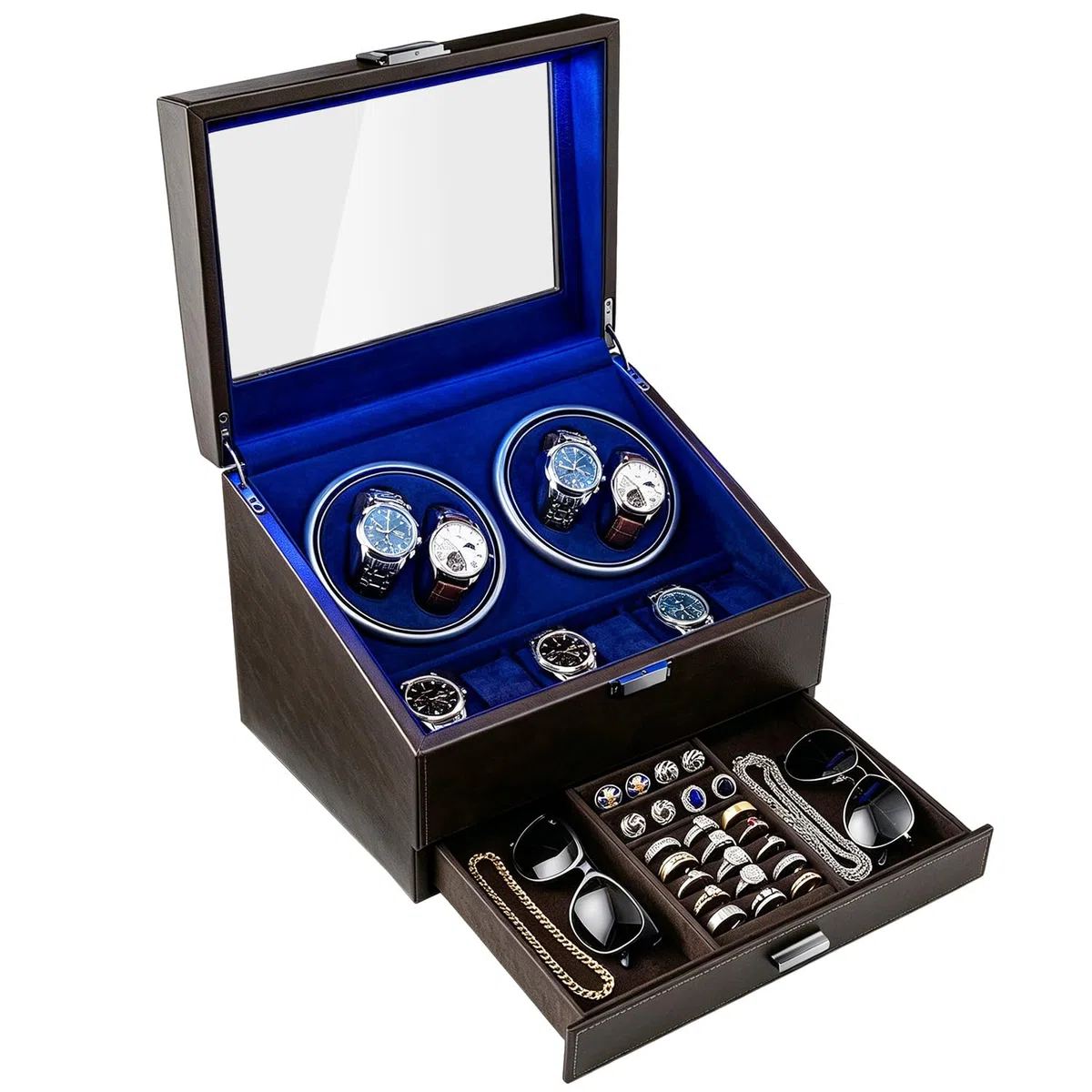 Mcbazel Caja Giratoria para 4 Relojes con 6 Compartimentos de Almacenamiento, Luz LED Ambiental Azul, Motor Ultra Silencioso, 4 Modos de Rotación, Parada Automática al Abrir – Marrón