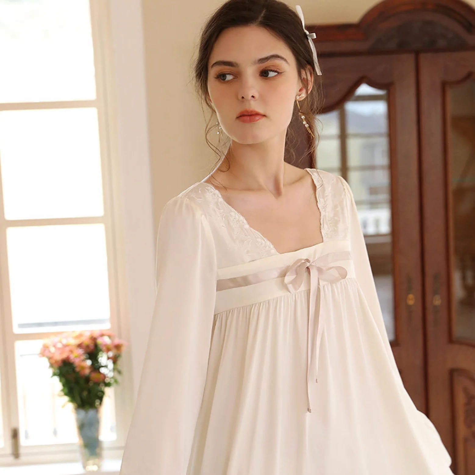 OFFSUM Camisón De Pijama De Mujer - Primavera Verano Cuello Cuadrado Satén Camisón Elegante Bowknot Dulce Vestido Estilo Chino Color Sólido Camisón Ropa