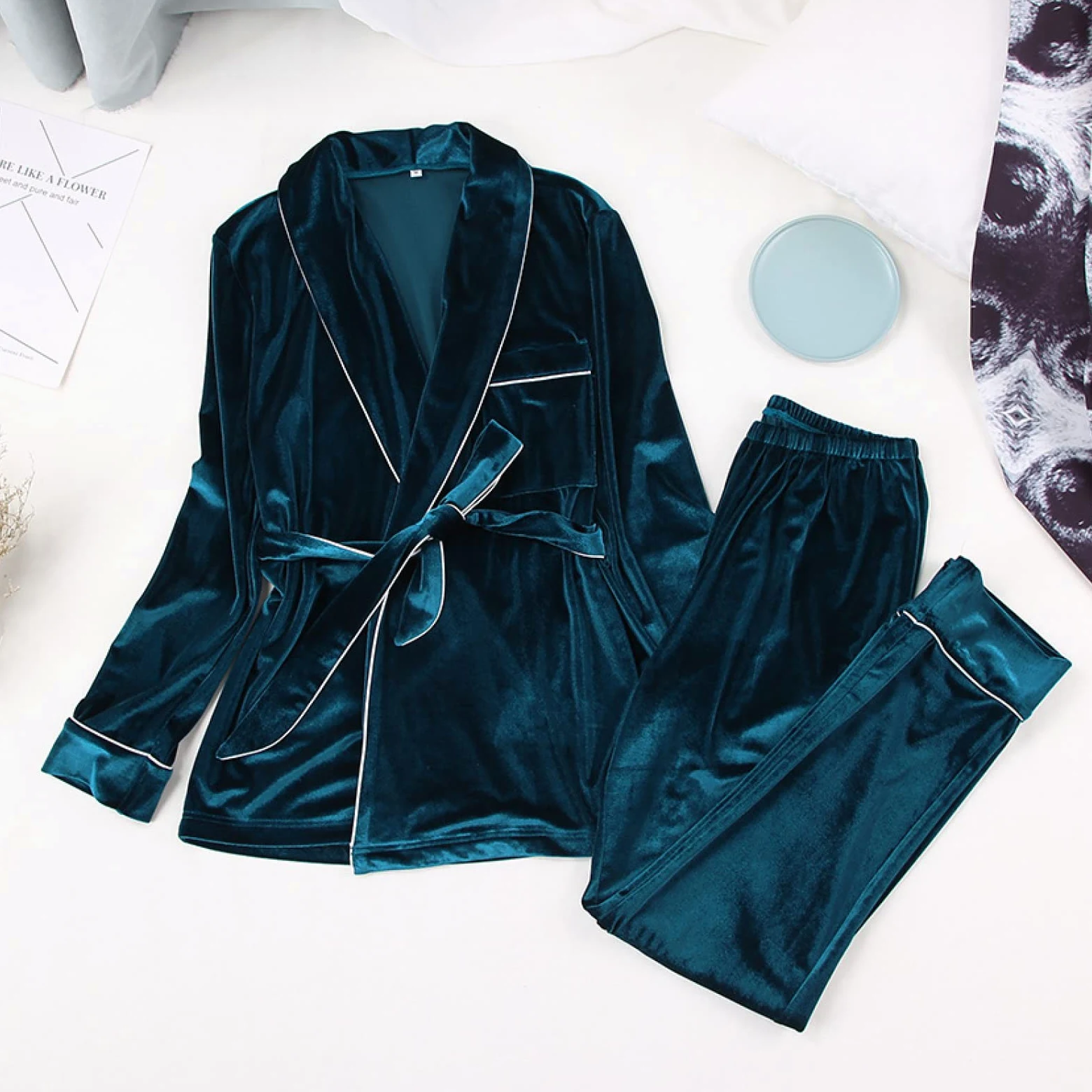 BOMEETSIA Conjunto De Dos Piezas De Pijama De Manga Larga para Mujer, Conjunto De Cárdigan Cálido Y Cómodo, Camisón Sexy para Mujer, Verde, L