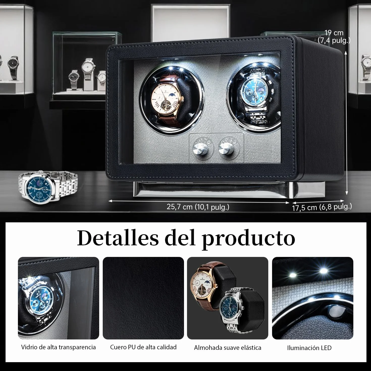 Mcbazel Enrollador de Relojes automáticos, Caja de Doble Reloj con luz LED, Motor silencioso, Negro