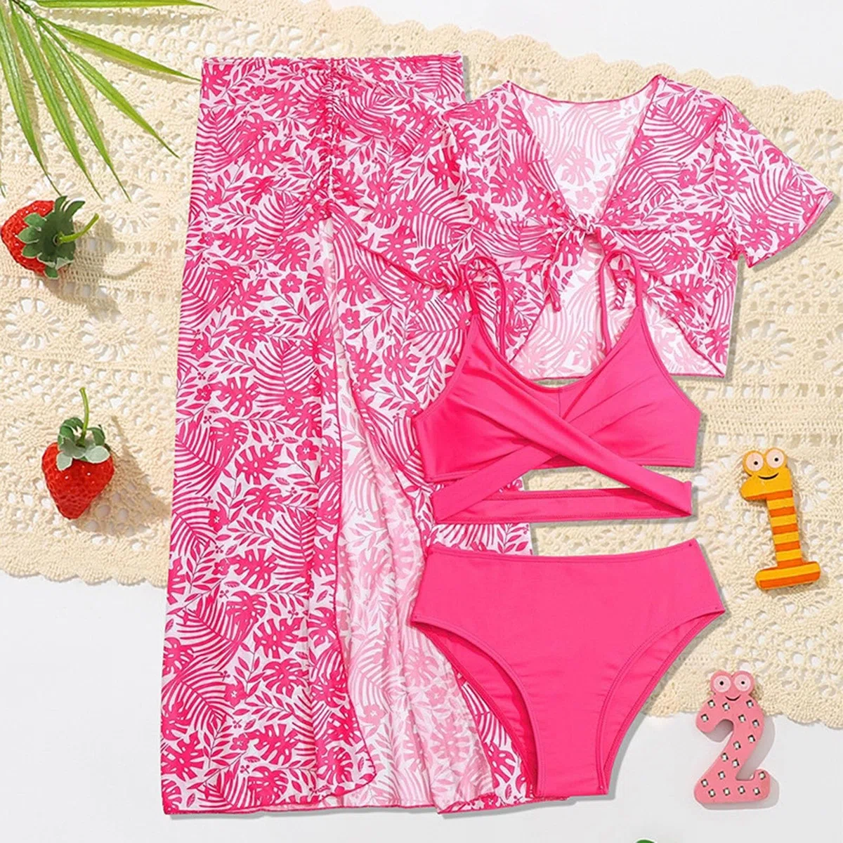 Bikini Girls - Conjunto de baño de 4 piezas para niñas, bikini con funda, protector de rashguard y falda, traje de playa de verano para niños de 7 a 12 años, trajes de baño casuales