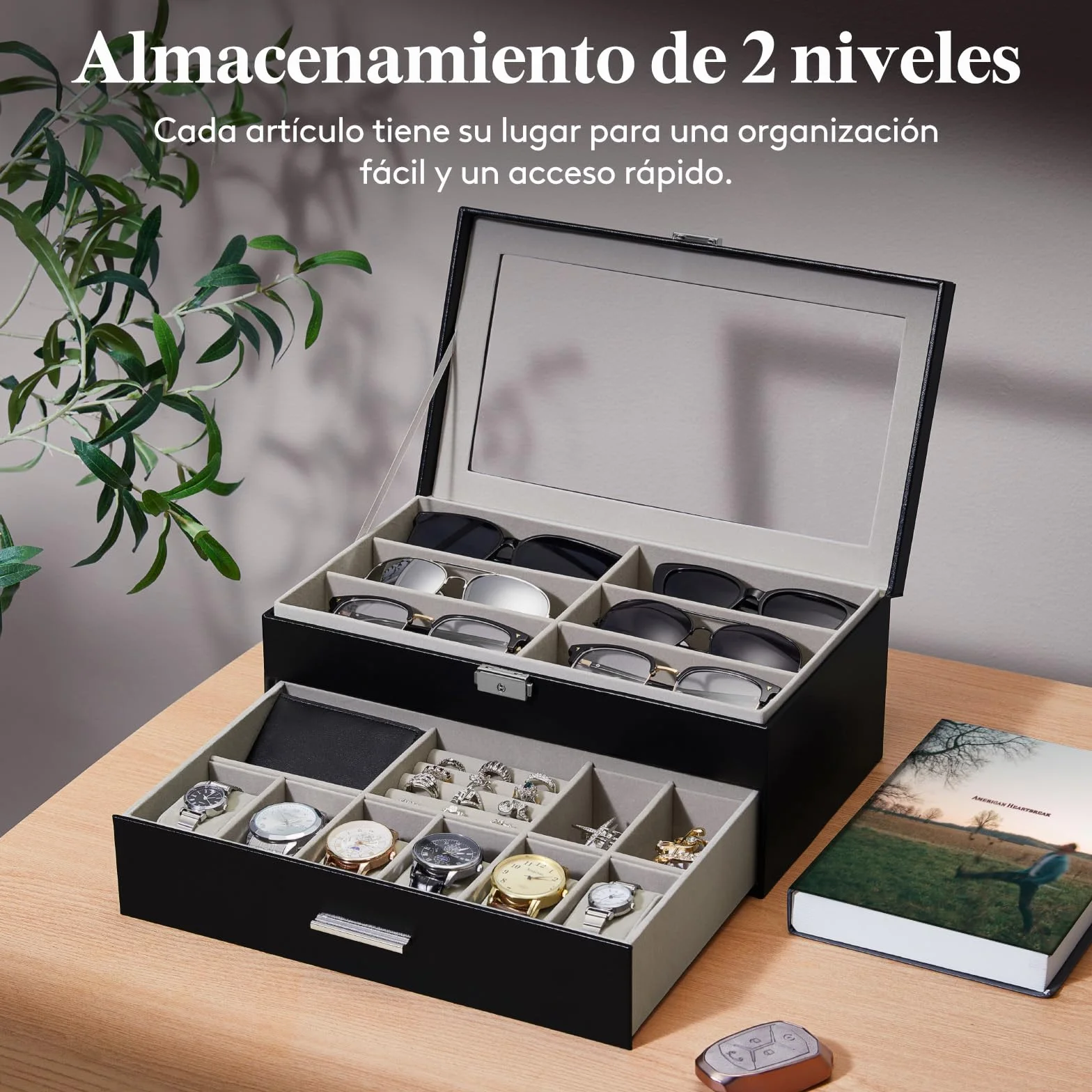 Lifewit Organizador Gafas de Sol, Expositor Gafas, Caja Relojes con Tapa de Cristal, Joyero Hombres para Llaves, Tarjeteros, Anillos, Broches, Regalos Hombre y Mujer, 35 x 21cm, Negro