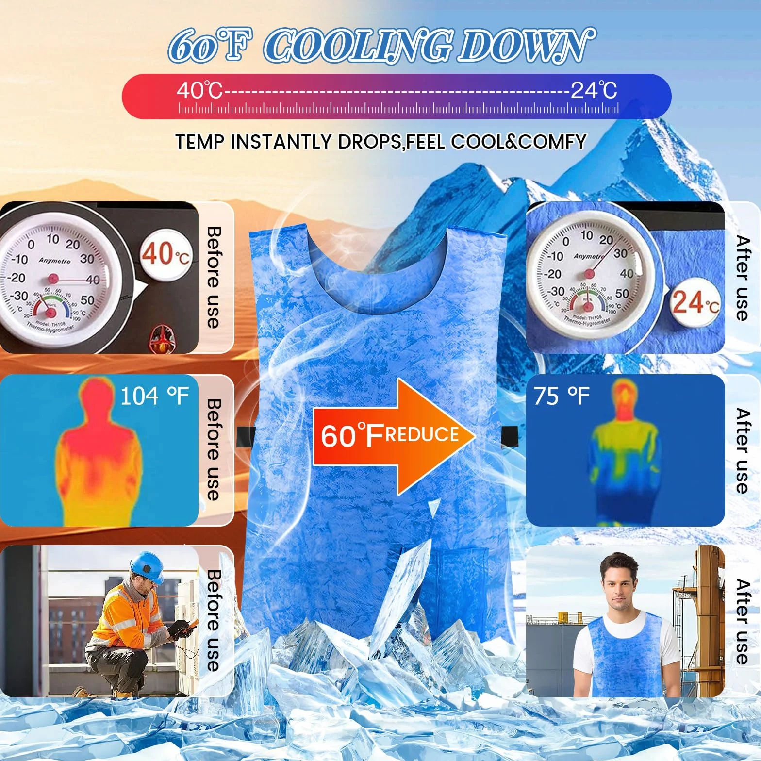 Chaleco refrigerante reutilizable para Hombres y Mujeres, chaqueta de refrigeración evaporativa de tejido PVA con ajuste ajustable para deportes al aire libre, senderismo y trabajo