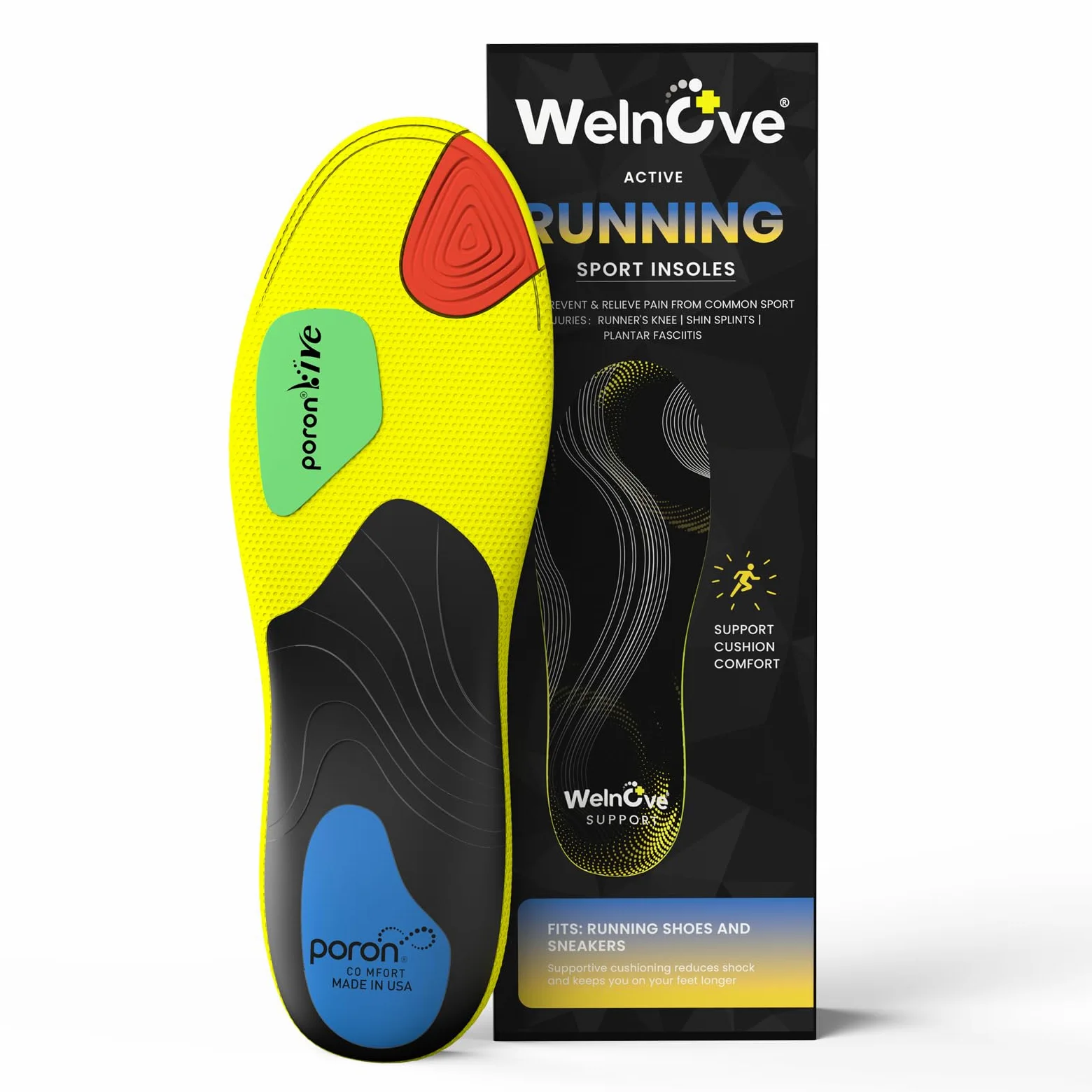 Welnove Plantillas deportivas profesionales para correr, insertos de soporte de arco mediano para fascitis plantar para hombres y mujeres, insertos ortopédicos para zapatos, talla M