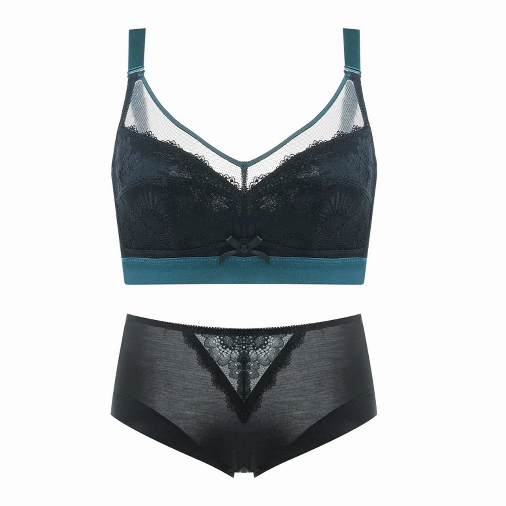 Conjunto de sujetador y bragas para mujer, sujetadores diarios, minimizador, cobertura completa, soporte ultrafino, sin alambre, brón, conjunto de lencería sexy de encaje (color: negro, tamaño: 90D)