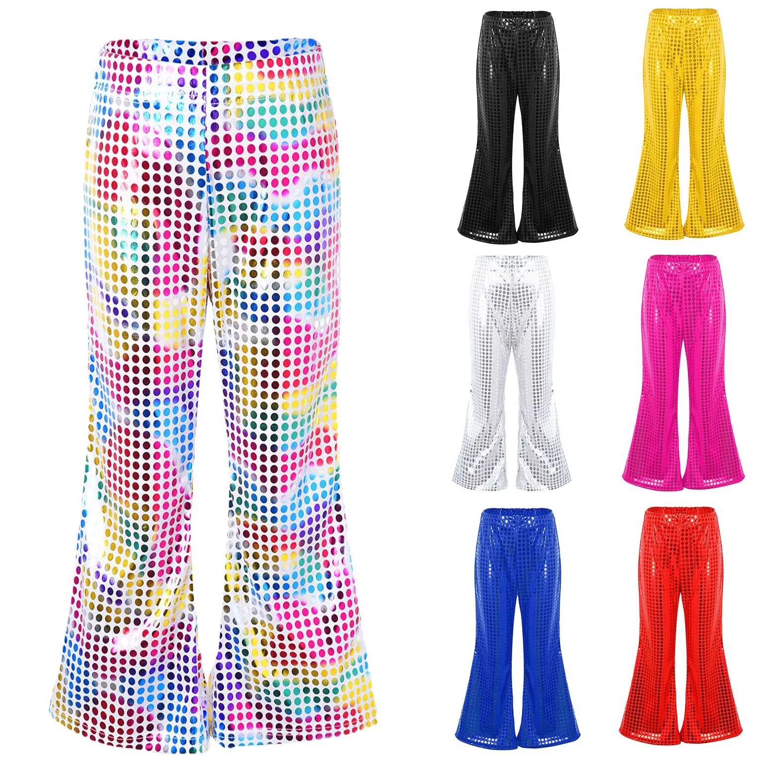 Pantalones Largos Acampanados Lentejuelas Cuero Metálico Brillante para Danza Niño Niña Cintura Elástica