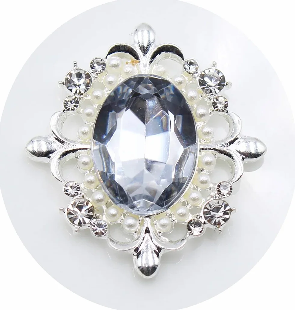 3 piezas 31x34mm botones ovales de aleación con perlas y cristal trasera plana decorativos para ropa joyas broches pendientes