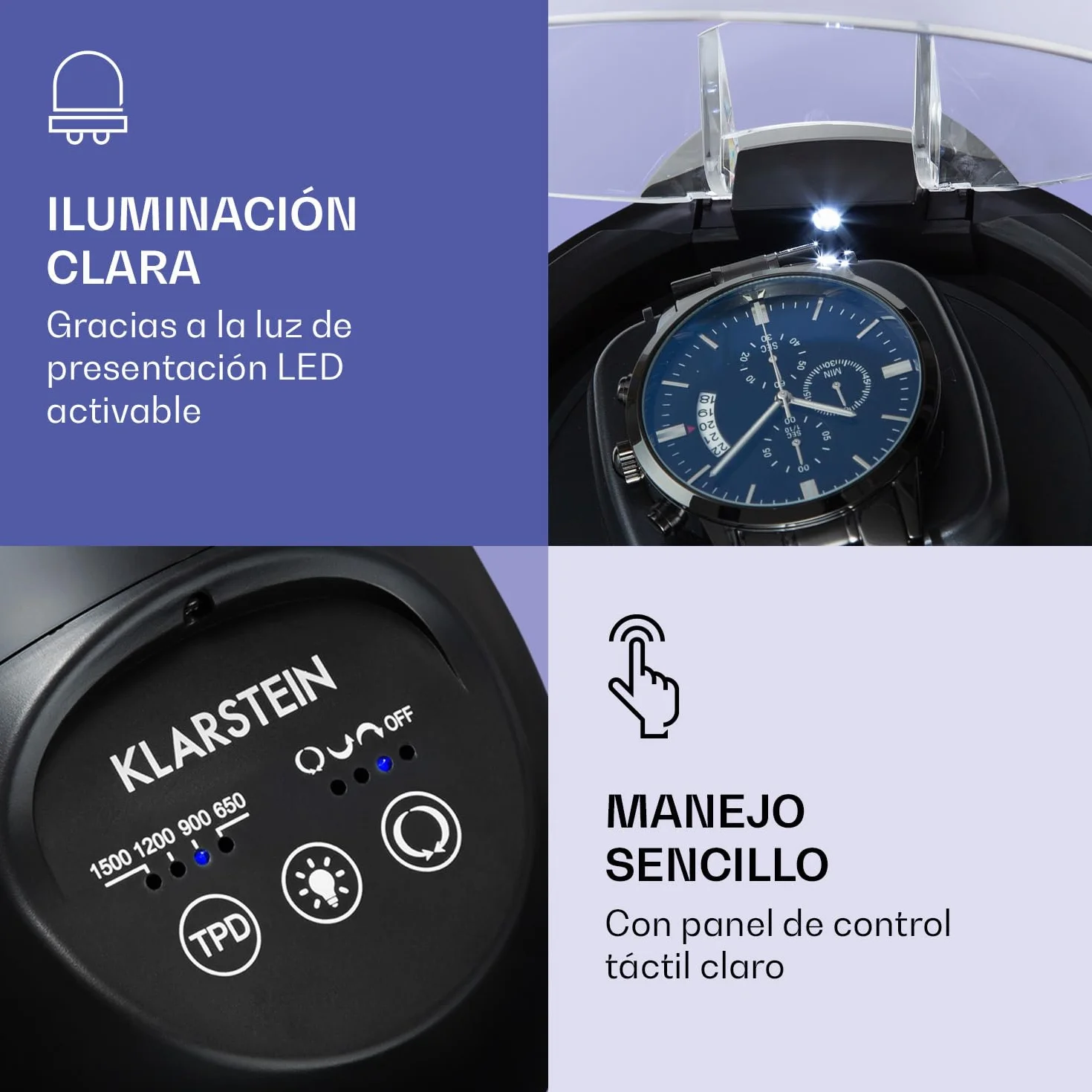 KLARSTEIN St. Gallen ll Estuche para Relojes Giratorio Rotación Ajustable 4 programas 650 900 1200 1500 TPD Iluminación LED Panel de Control táctil