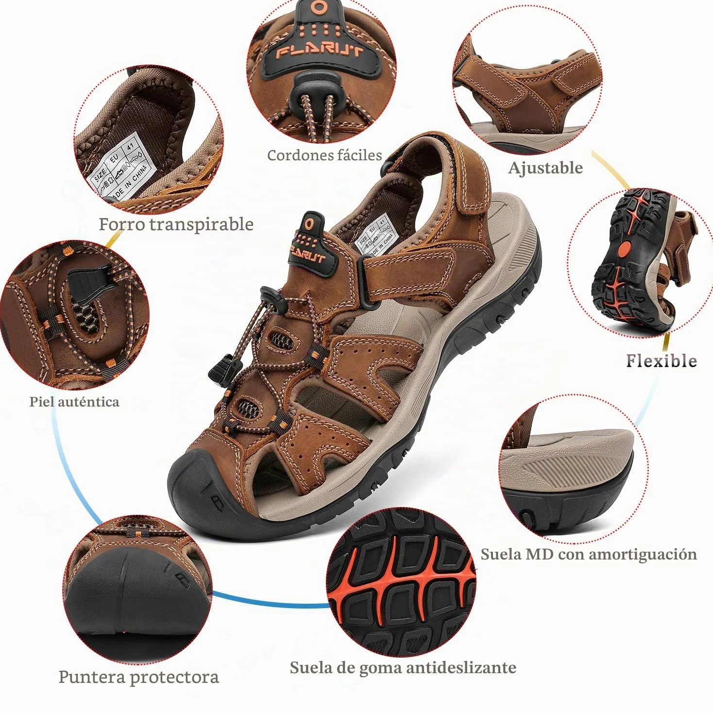 FLARUT Sandalias Deportivas Hombres Verano Exterior Senderismo Zapatos Trekking Casual Zapatos de Montaña Cuero Sandalias de Playa | Cuero auténtico,Puntera cerrada,Suela de goma antideslizante,Entresuela ligera y amortiguadora de EVa,Cierre de ajustable