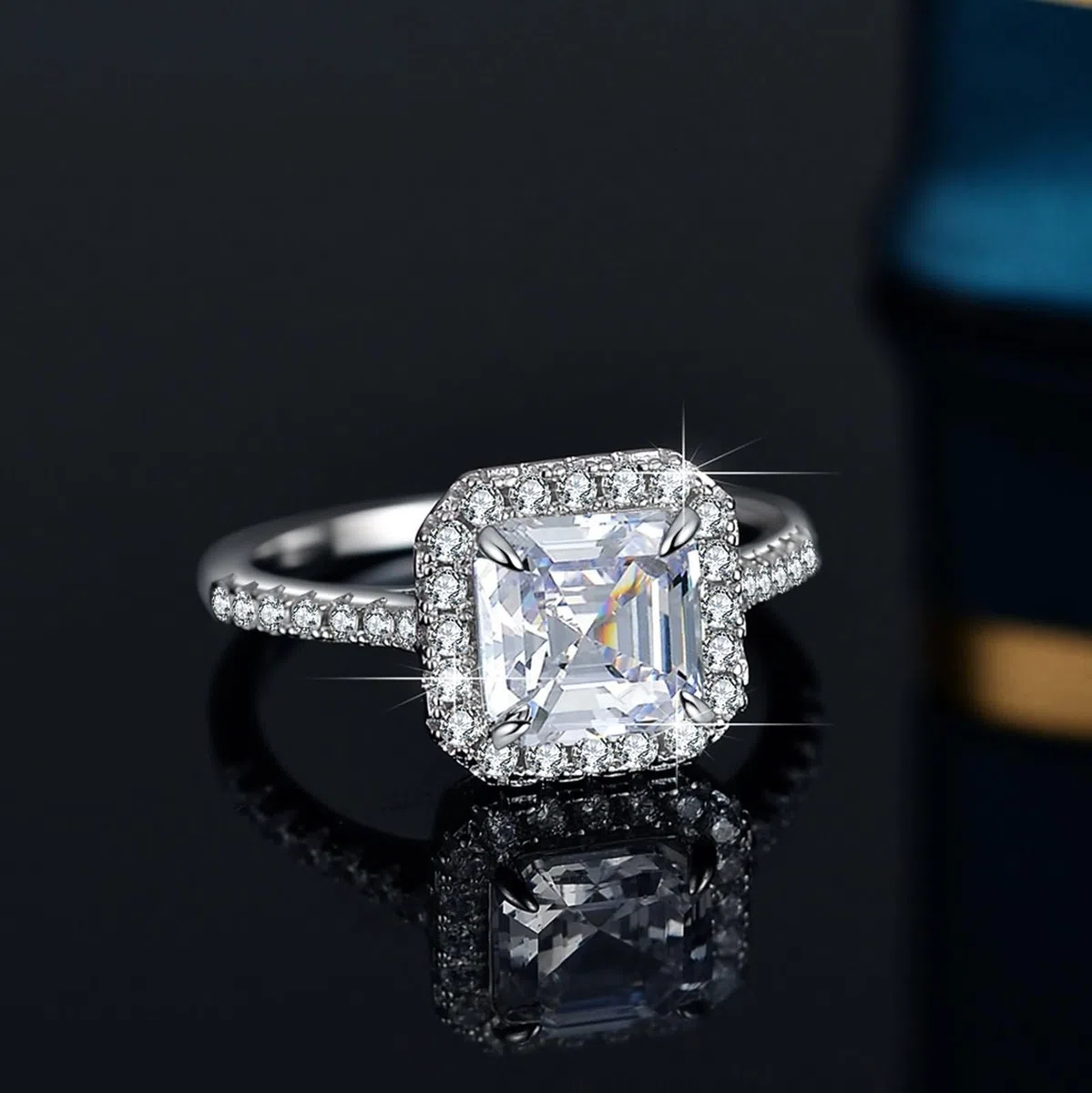 Anillo de oro para mujer, anillo de compromiso, oro blanco, halo con moissanite de 3 quilates, anillo de boda de oro auténtico para mujer