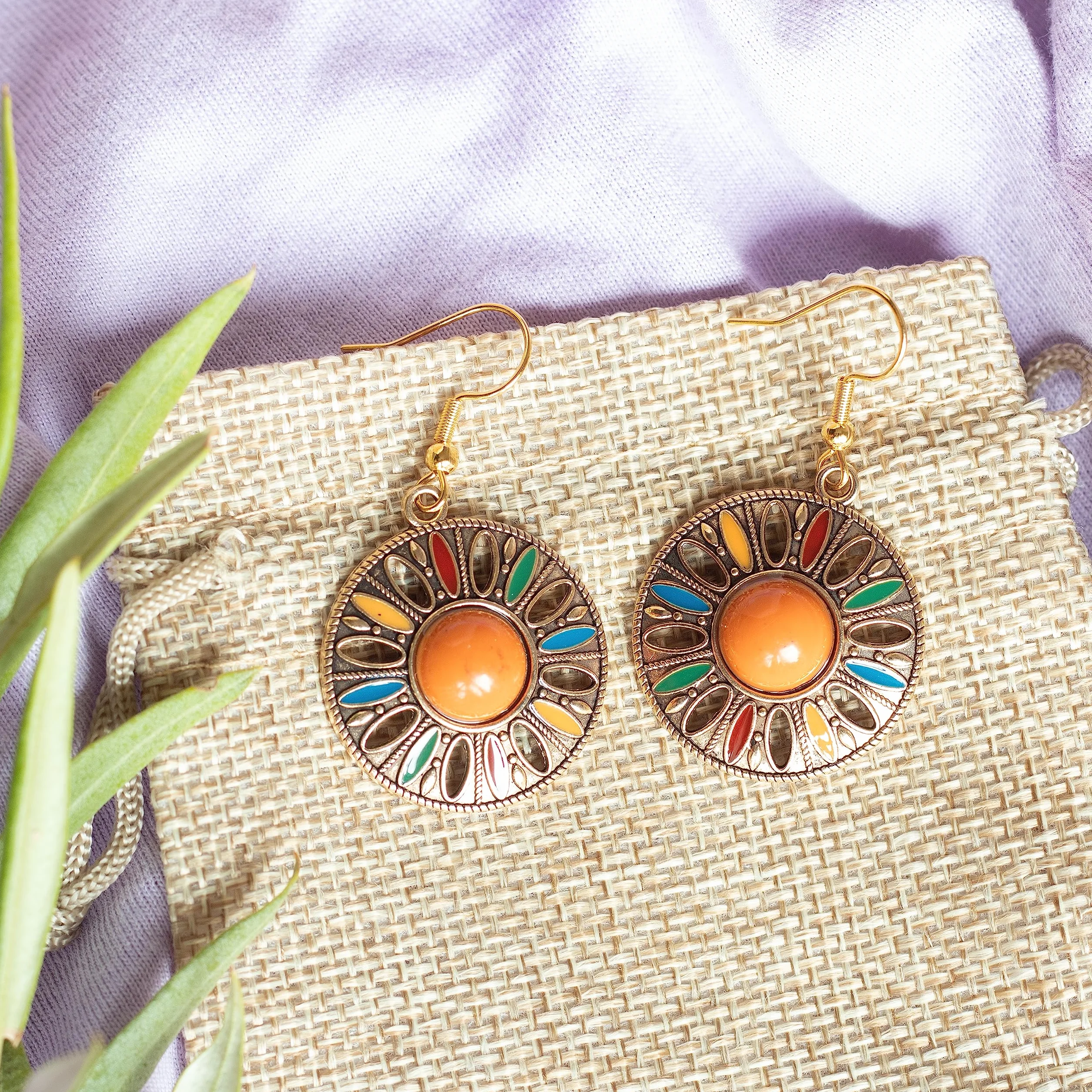 ZARZAMORA Pendientes Bohemio Vintage Plata Tibetana Acero Inoxidable Colgantes Redondos Esmaltados Colorido Regalo Original