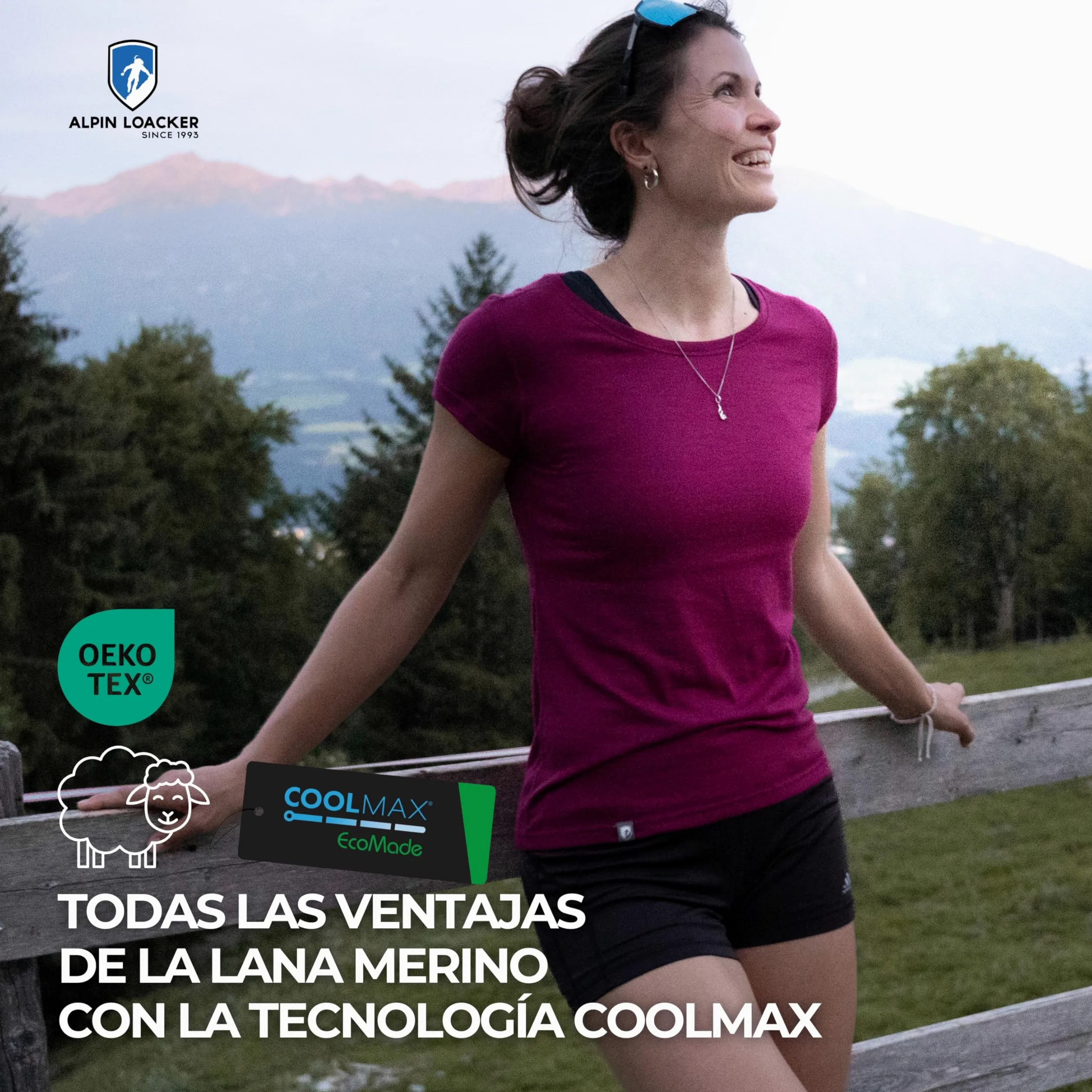 ALPIN LOACKER Coolmax - Camiseta de Merino para Mujer, Manga Corta, 150 g/m2, Transpirable, Secado rápido y refrescante, Camiseta de Lana Merino y Parte Superior térmica