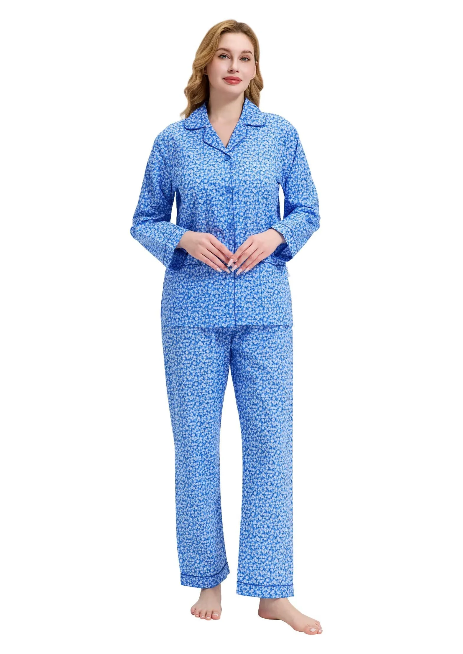 GLOBAL Conjunto de Pijama de Mujer 100% Algodón Floral de Manga Larga con Botones para Mujer Ropa de Dormir con Cordón Ropa de Dormir Suave y Transpirable Conjunto de Pijama de Mujer PJS