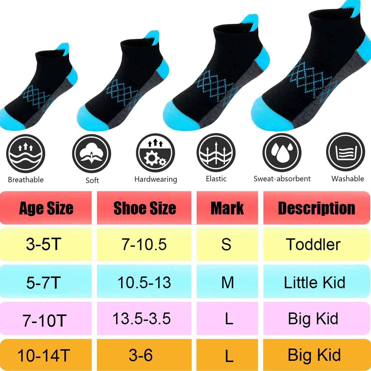 Calcetines para niño, 24 pares de calcetines de corte bajo medio acolchados para niños pequeños y grandes de 3 a 14 años