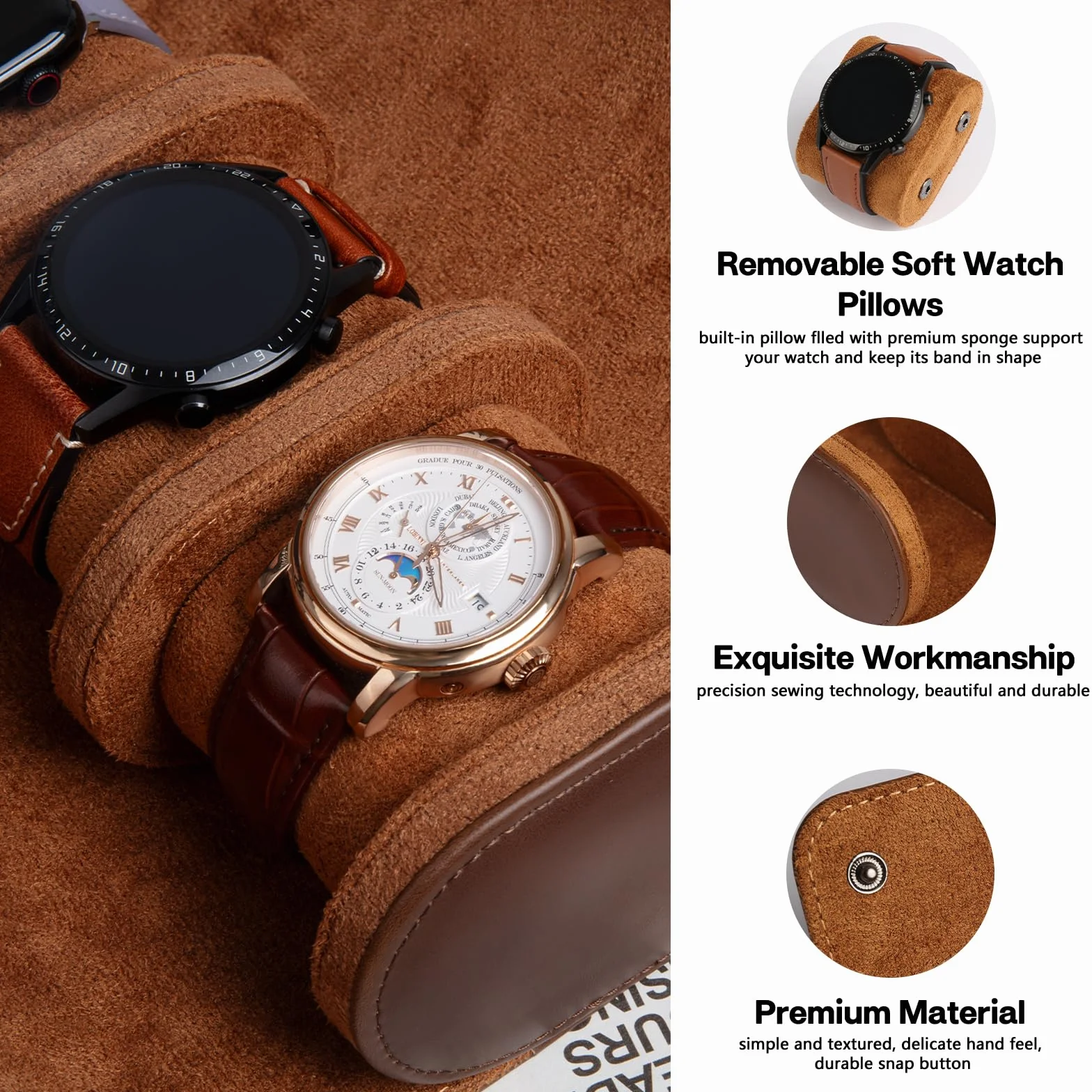 Caja de Reloj cilíndrica con 3 Ranuras, Estuche de viaje para reloj, Caja de Reloj Vintage para Hombres y Mujeres - Versión mejorada Marrón