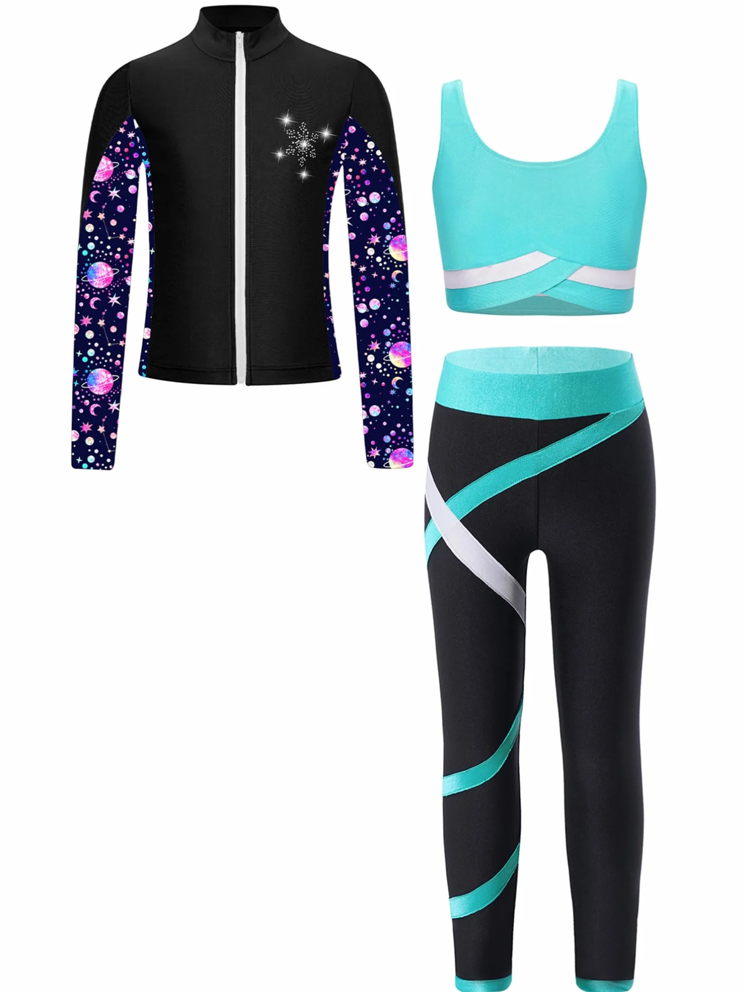 TiaoBug Conjunto Deportivo Para Niñas Chaqueta Manga Larga + Chaleco Sin Mangas + Leggings Traje De Gimnasia Rítmica Entrenamiento Azul verde 11-12 años