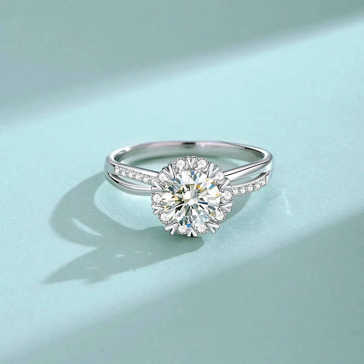 Anillos de compromiso con moissanite de 1 ct, anillo de boda de oro auténtico Halo Moissanite, anillos de boda de oro blanco para mujer