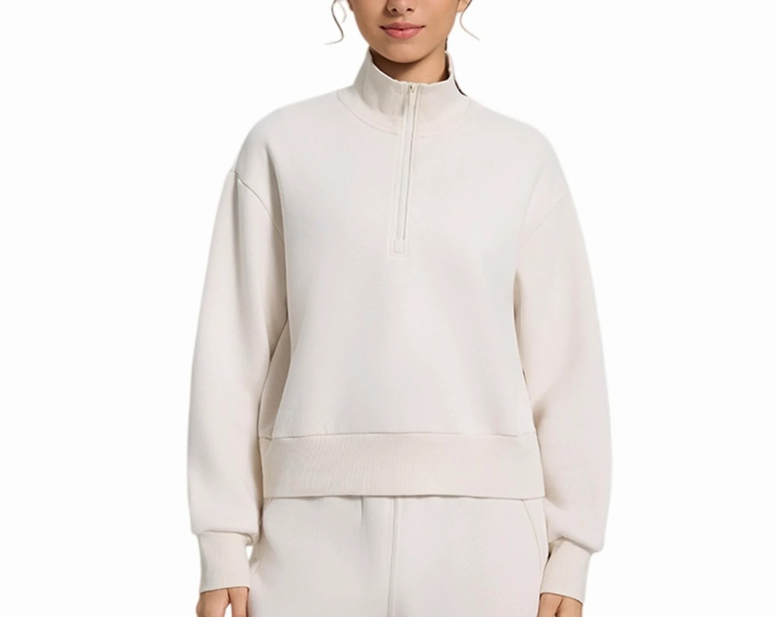Sudadera con forro polar de algodón con media cremallera para mujer, cuello alto falso, manga larga, sudadera corta para mujer.