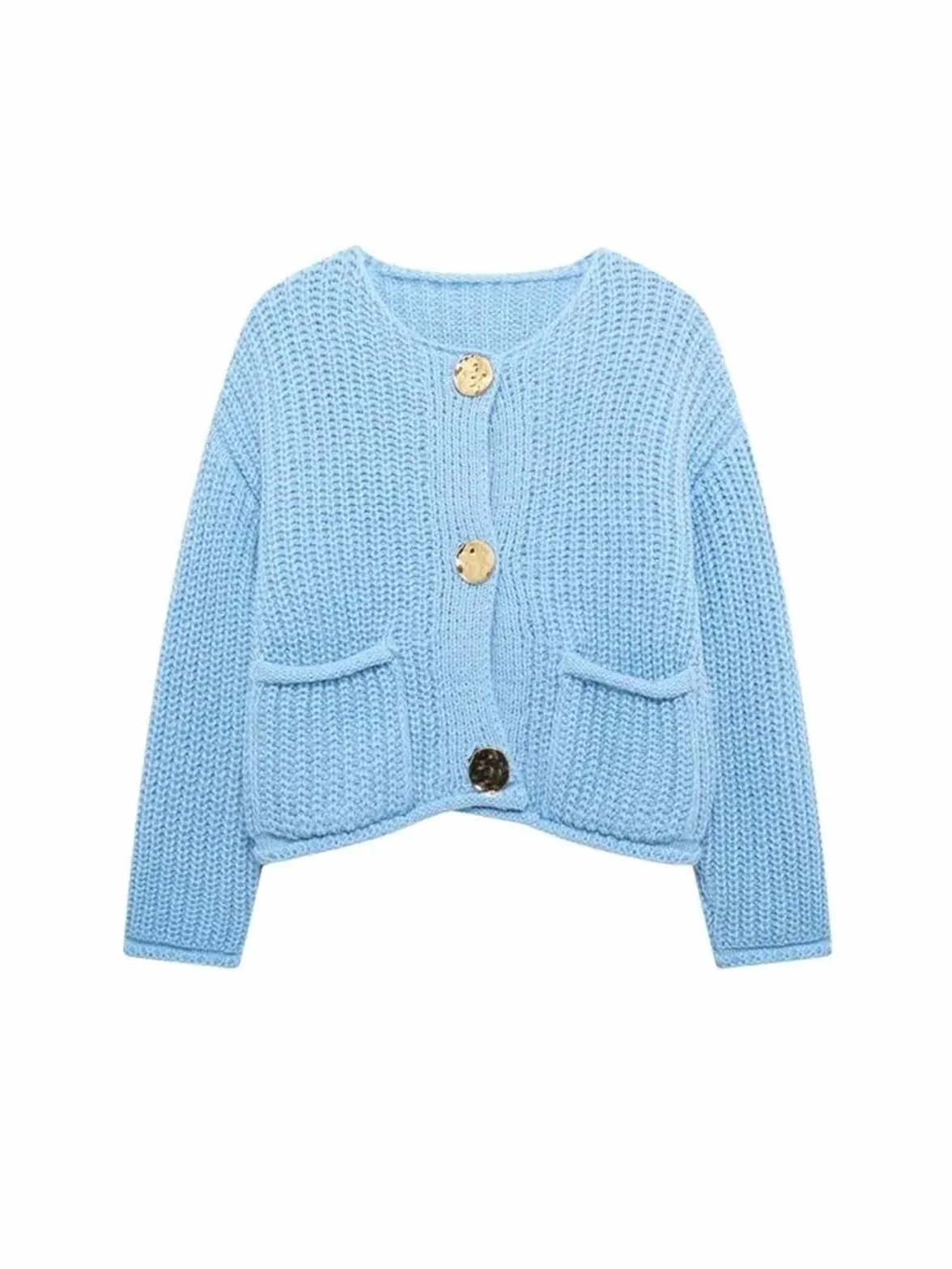 Suéter de Punto de Manga Larga for Mujer, Botones Dorados, Bolsillos de Parche Delanteros, Cuello Redondo, Prenda Exterior Femenina(Sky Blue,L)