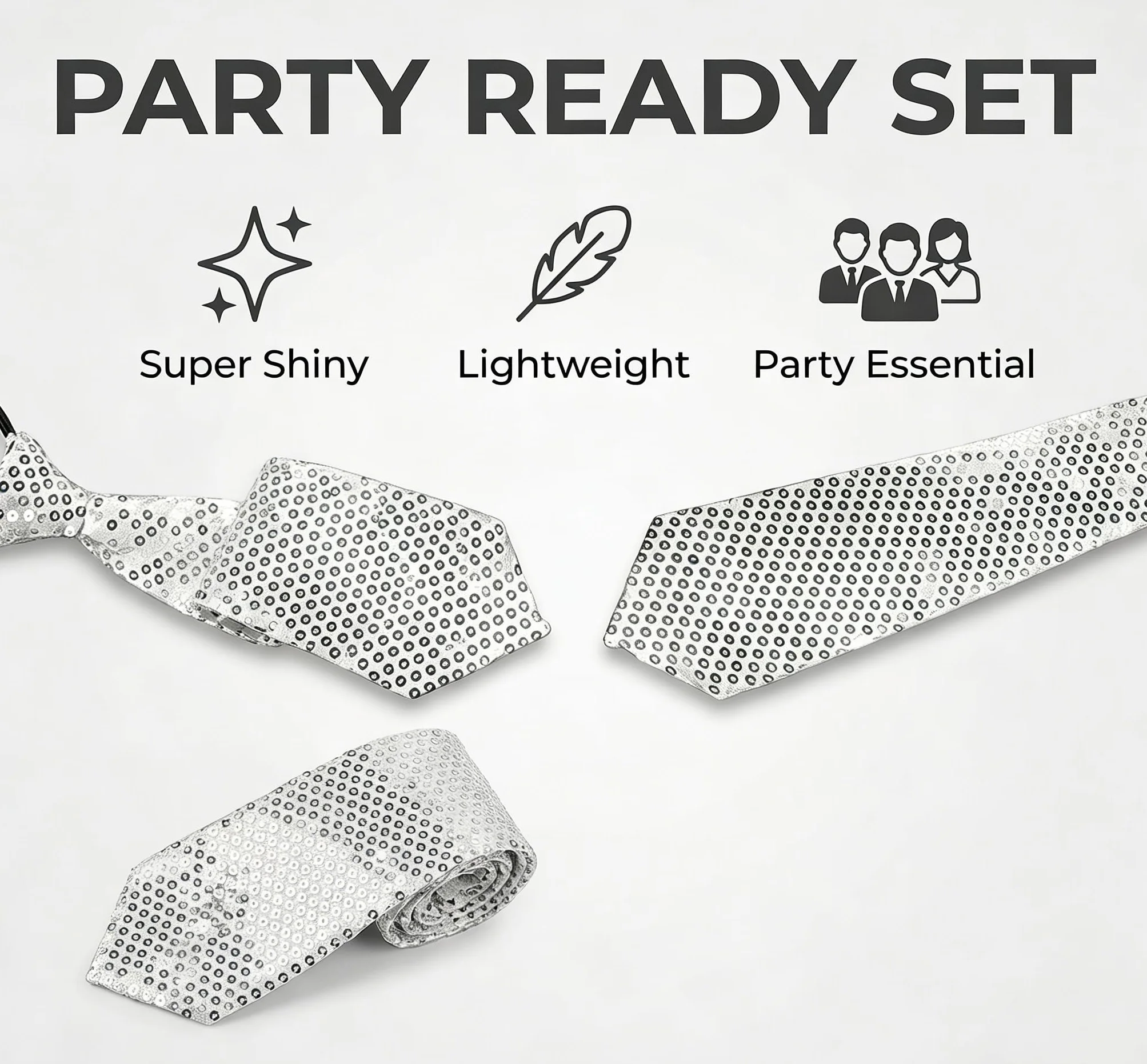 Juego de 4 corbatas de lentejuelas con purpurina preatada, negro y gris, accesorios de disfraz para carnaval, fiesta