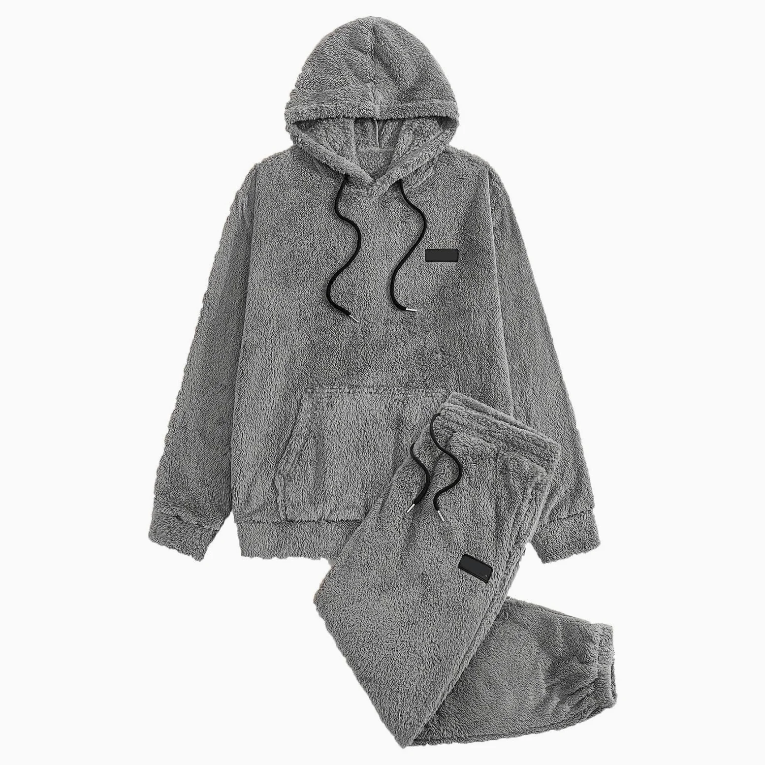 Generisch Conjunto de pijama de forro polar para hombre, pijama mullido, monocolor, sudadera con capucha y pantalón con cordón, Winetr cálido, 2 piezas, suéter con capucha, ropa de dormir larga