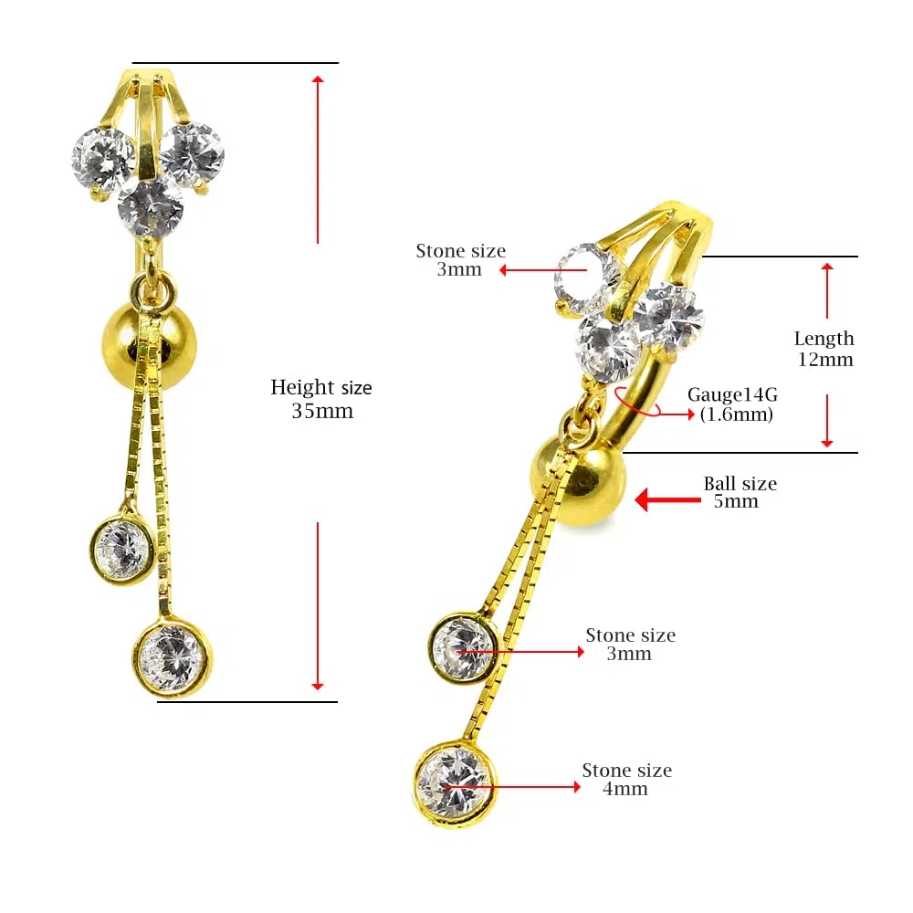 Piercing para el ombligo de oro amarillo macizo de 14 quilates con forma de aleta con doble colgante redondo en caja de cadena, joyería para ombligo de 14 quilates, calibre 14, 14 Gauge
