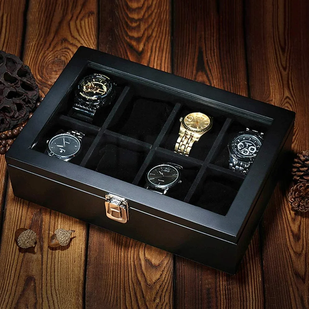 Caja de reloj grande – 8 ranuras para relojes, organizador de joyas de lujo, caja de almacenamiento de madera con hebilla de metal con cerradura superior de cristal para hombres y mujeres