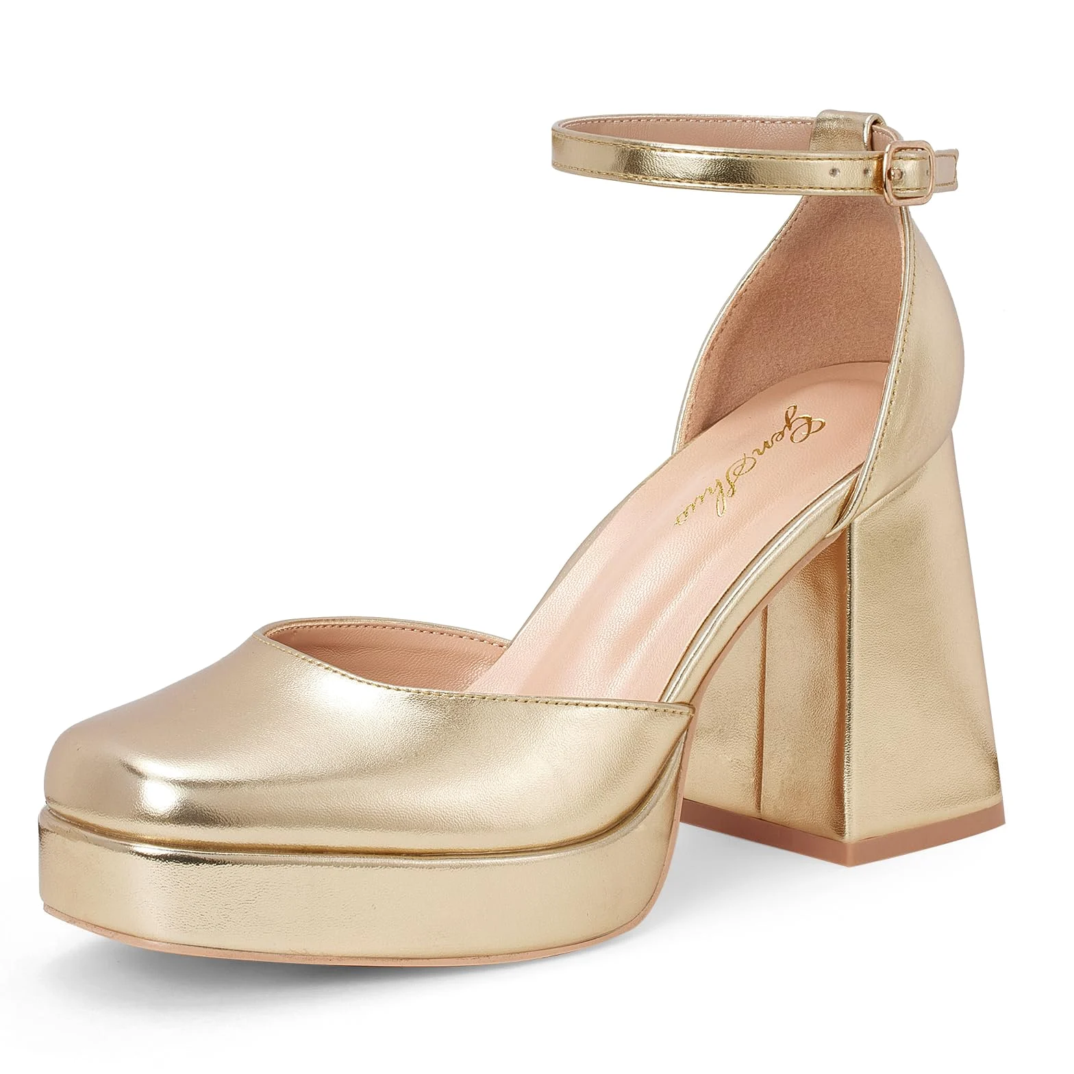 GENSHUO Zapatos de Tacón de Plataforma Gruesos para Mujer Tacones de Punta Cuadrada Cerrados de 10 CM con Vestido con Correa en el Tobillo Zapatos de Fiesta de Boda