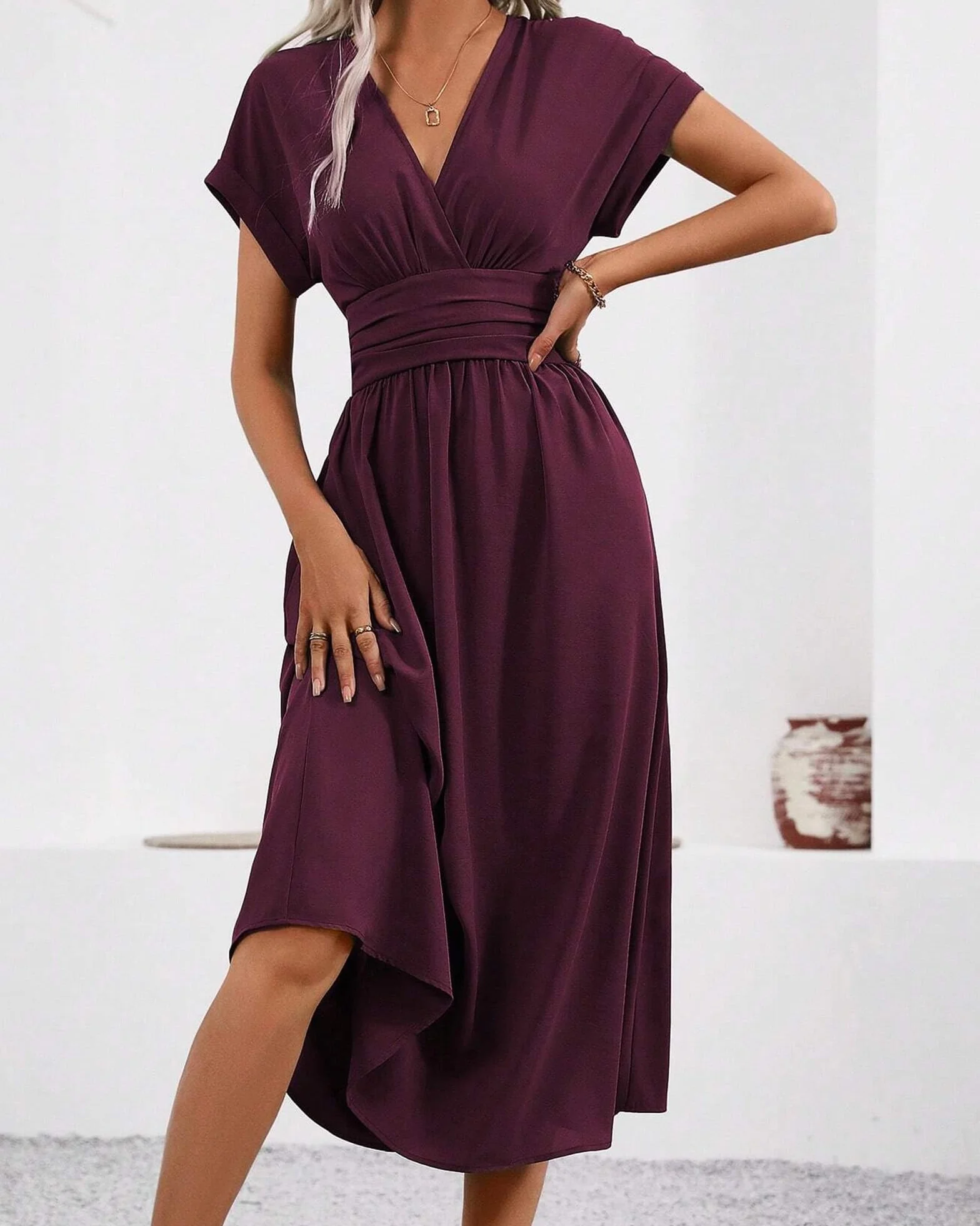 Vestido Largo Elegante Mujer Verano Cuello en V Manga Corta Casual Elástico