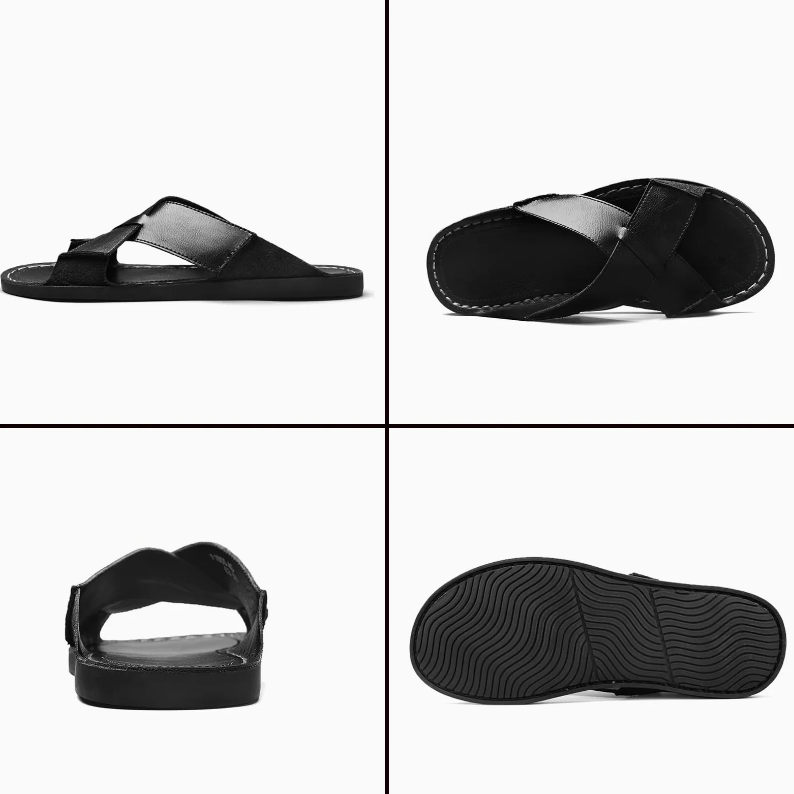 Sandalias de piel auténtica para hombre, cómodas, ligeras, abiertas, redondas, sin cordones, para exteriores, caminar, sandalias casuales de playa, Negro, 46 EU