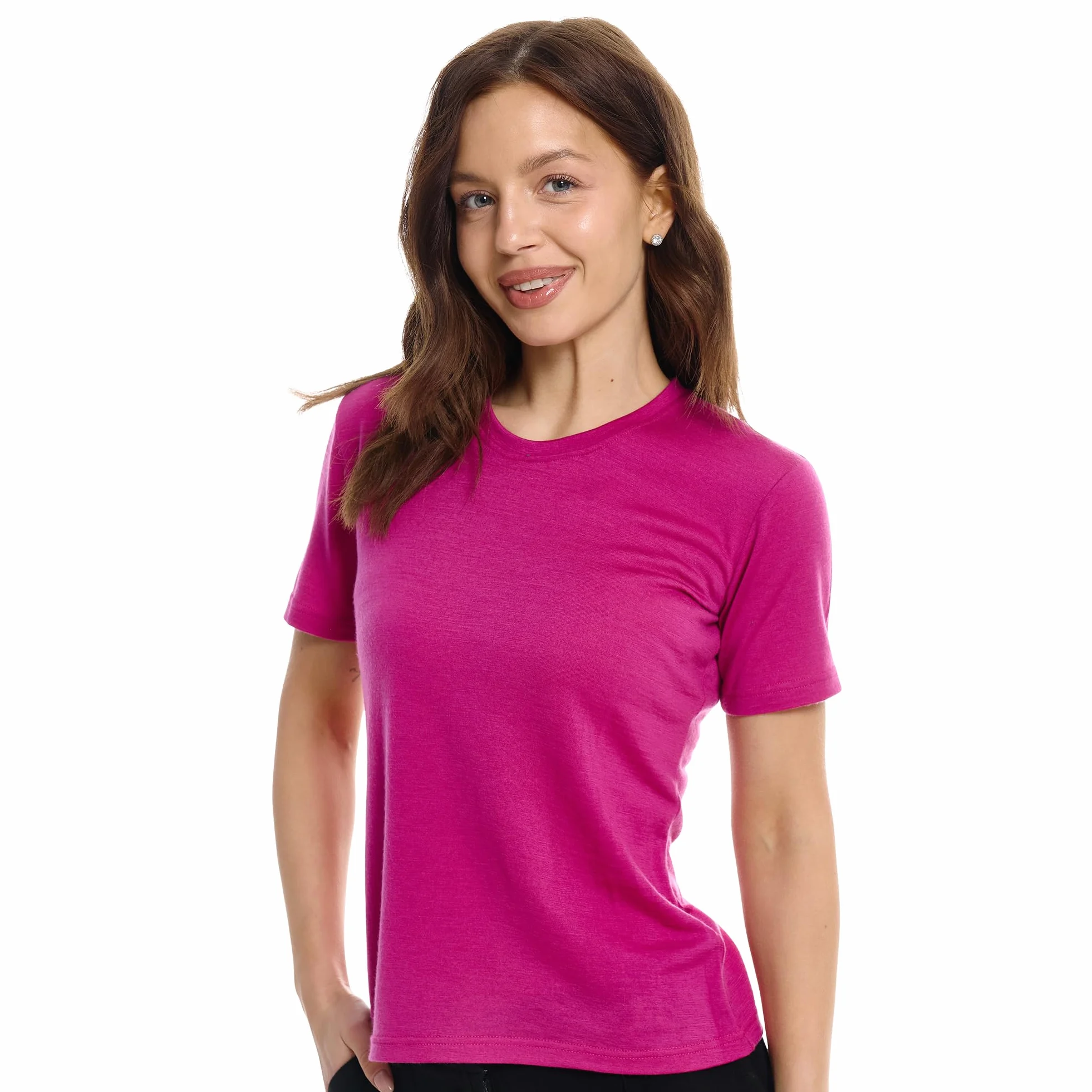 Merino.tech Camiseta Termica Lana Merino Mujer - Ropa Interior Base Layer 100% Lana Merino para Mujer (Large, Royal Fuchsia Crewneck)