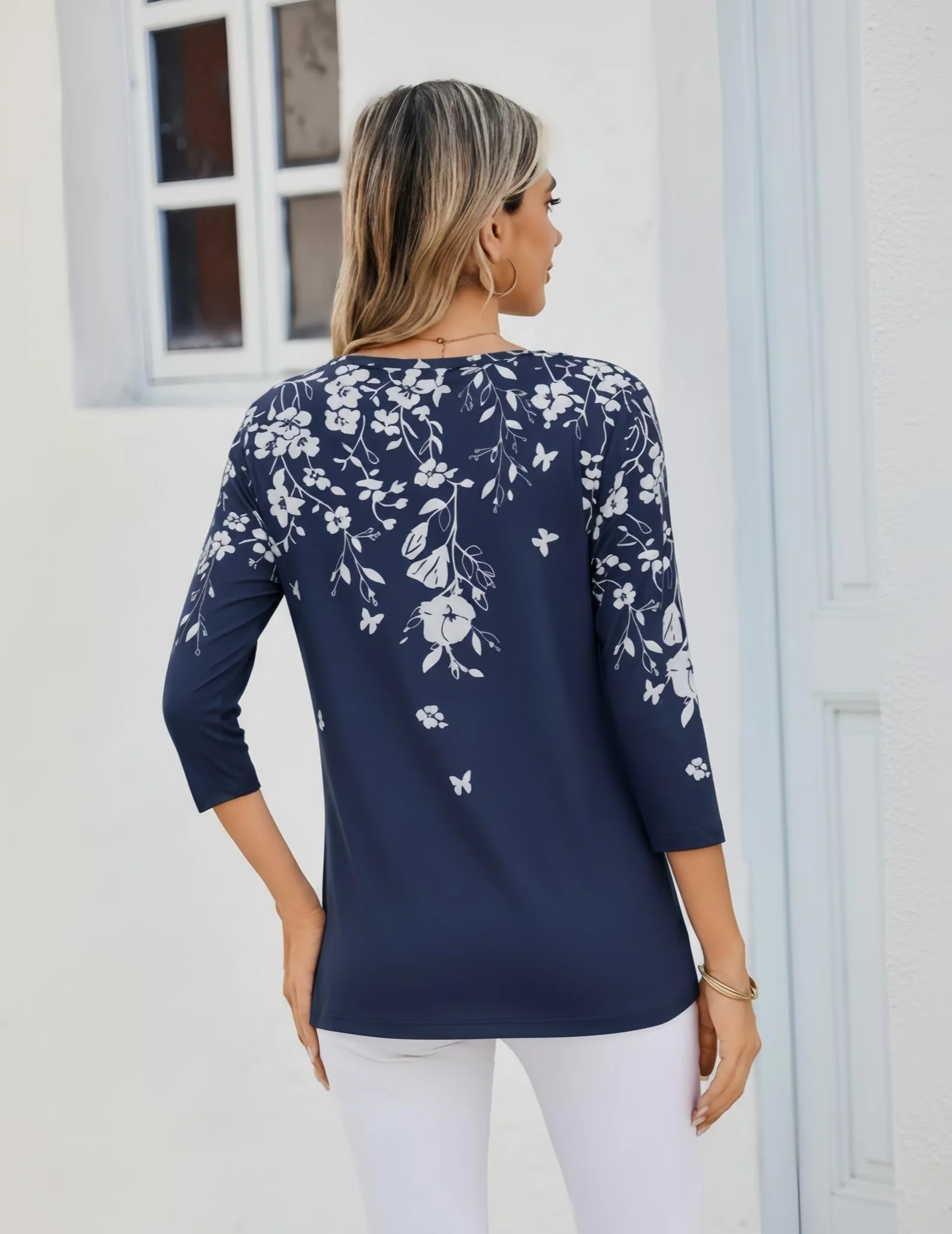 Zeagoo Camisetas para Mujer Manga 3/4 Tops básica con Cuello Redondo Blusa de Casual Verano